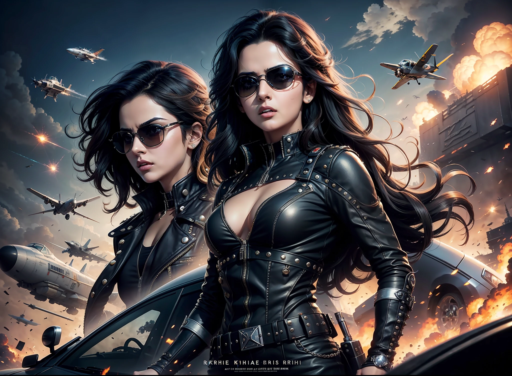 Movie poster krrish, sunglasses, rivets, girl, explosions, guns, cars, planes