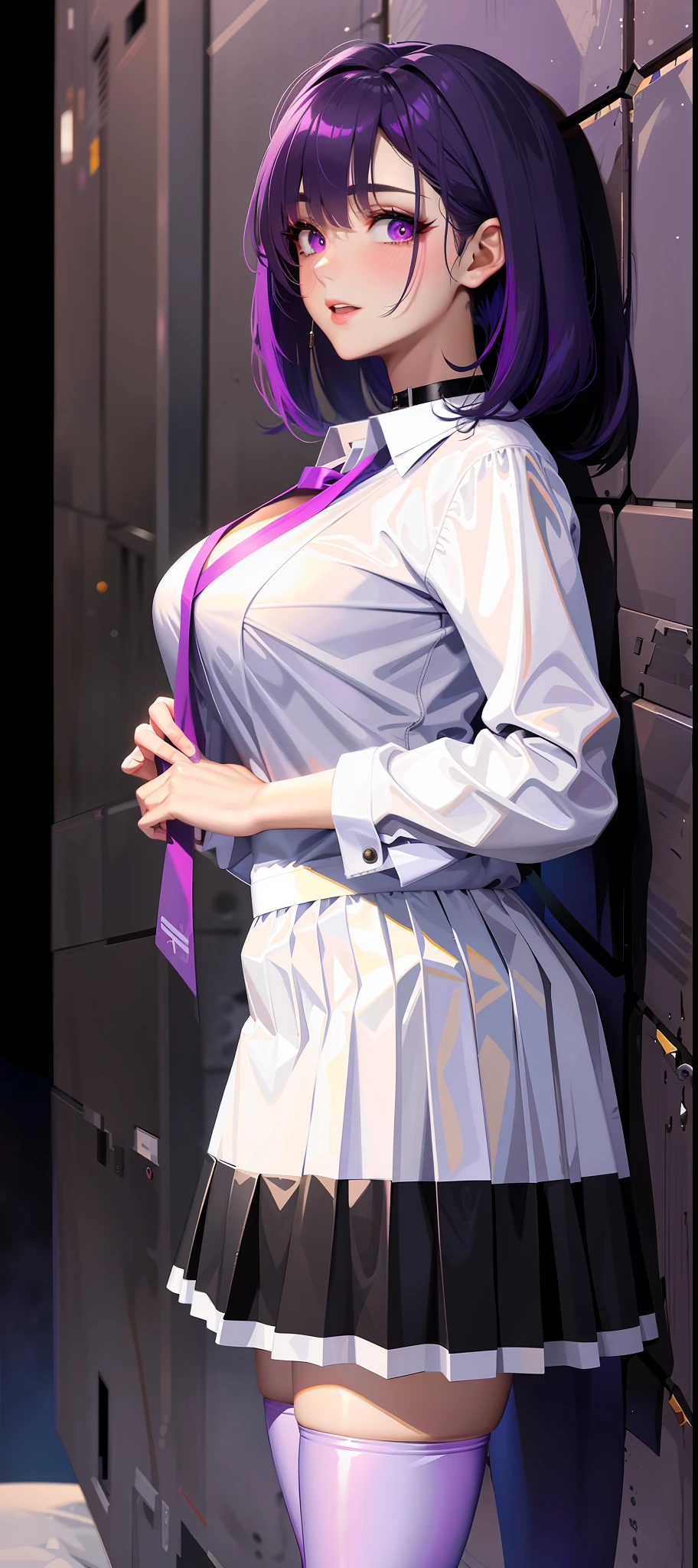 Anime - Style image of a woman in a short skirt and shirt, Moira in Overwatch, Misato Katsuragi, Fay Valentine's Day in Cowboy Bibop, Valentine Fay, Mayafi in Ace Lawyer, Mayuri Shiina in Stansmon, Character as Jojo, Schar Tears in Overlord, Sobra in Overwatch, Widowmaker in Overwatch with hands behind his back