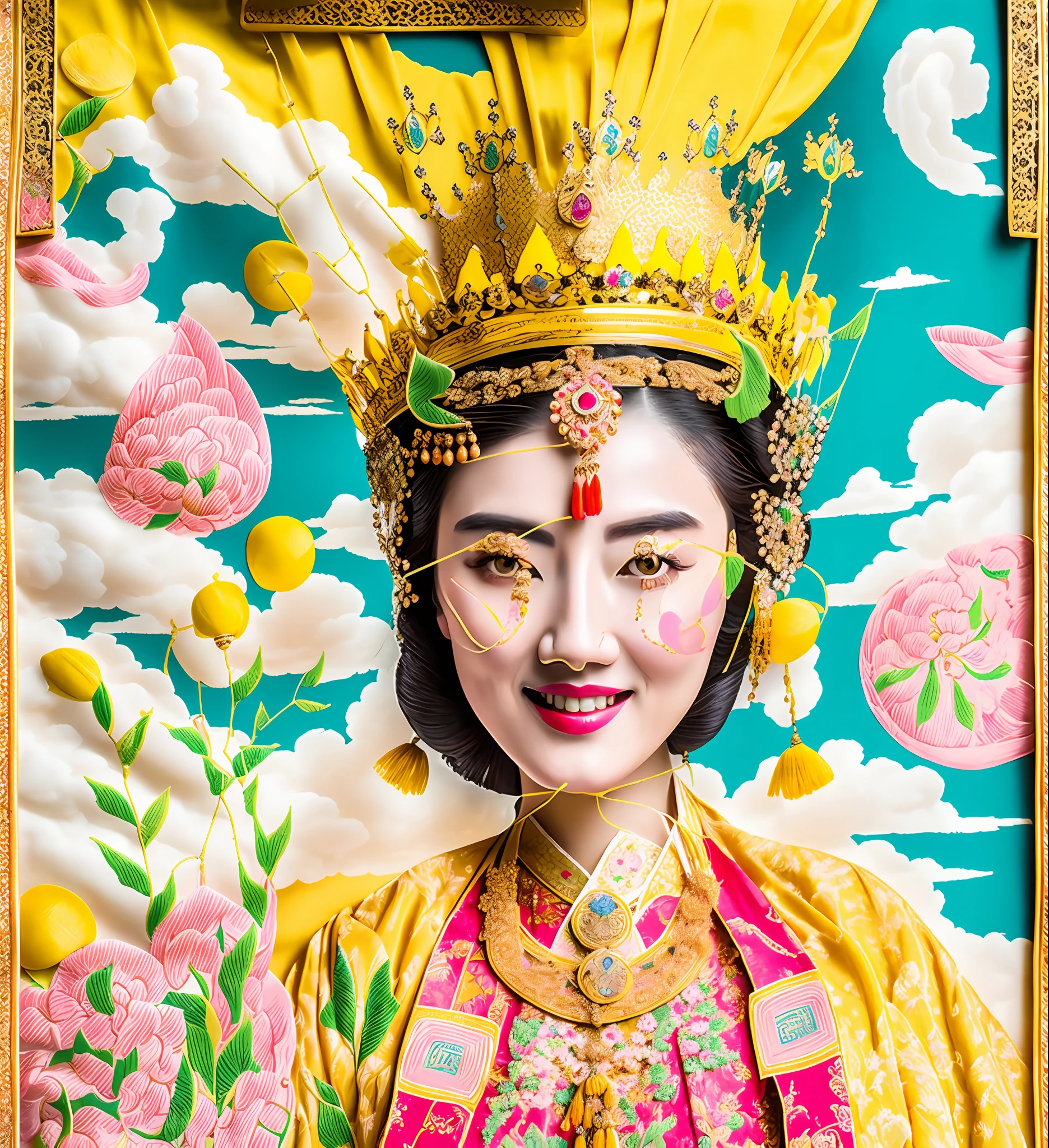 Masterpiece, Excellent, 1 Female, National Clothes, Noble, Noble, Bust Photo, Antique Chinese, Pale Yellow Crown, Special Crown, Very Large Chest, Smile, Pale Pink Lips, Embroidered Clothes, Yellow-Green Lemon, Blue Sky and White Clouds, Cartoon Style, Hand-painted