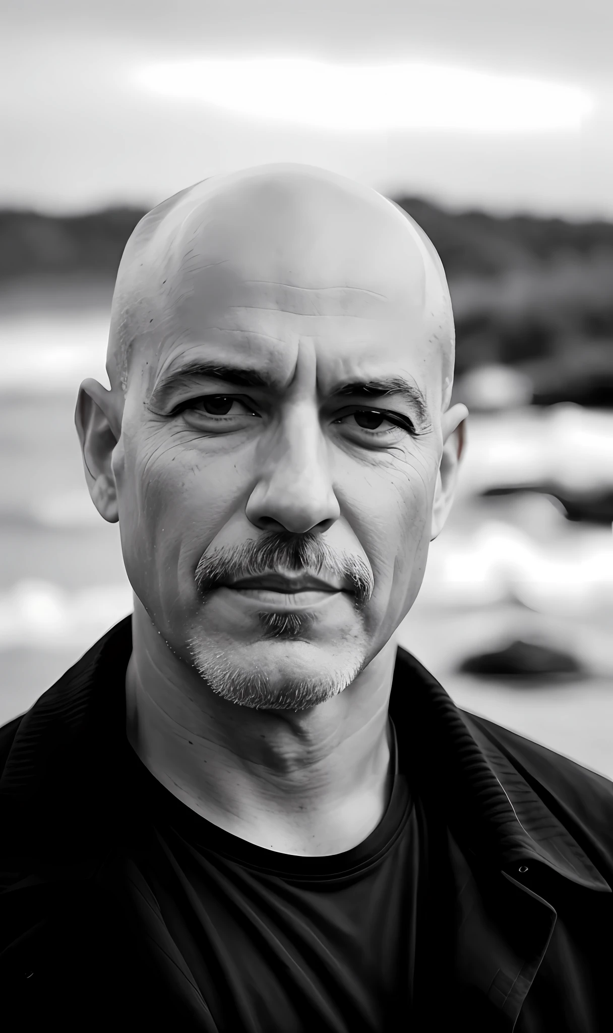 arafed man with a bald head and a black shirt, gary montalbano, black and white portrait, inspired by John Souch, portrait image, portrait photo, mark hammil portrait, cinematic headshot portrait, portrait picture, portrait of bald, photo portrait, editorial portrait, portrait of jeff bezos, sharp looking portrait, photographic portrait, matt betteker