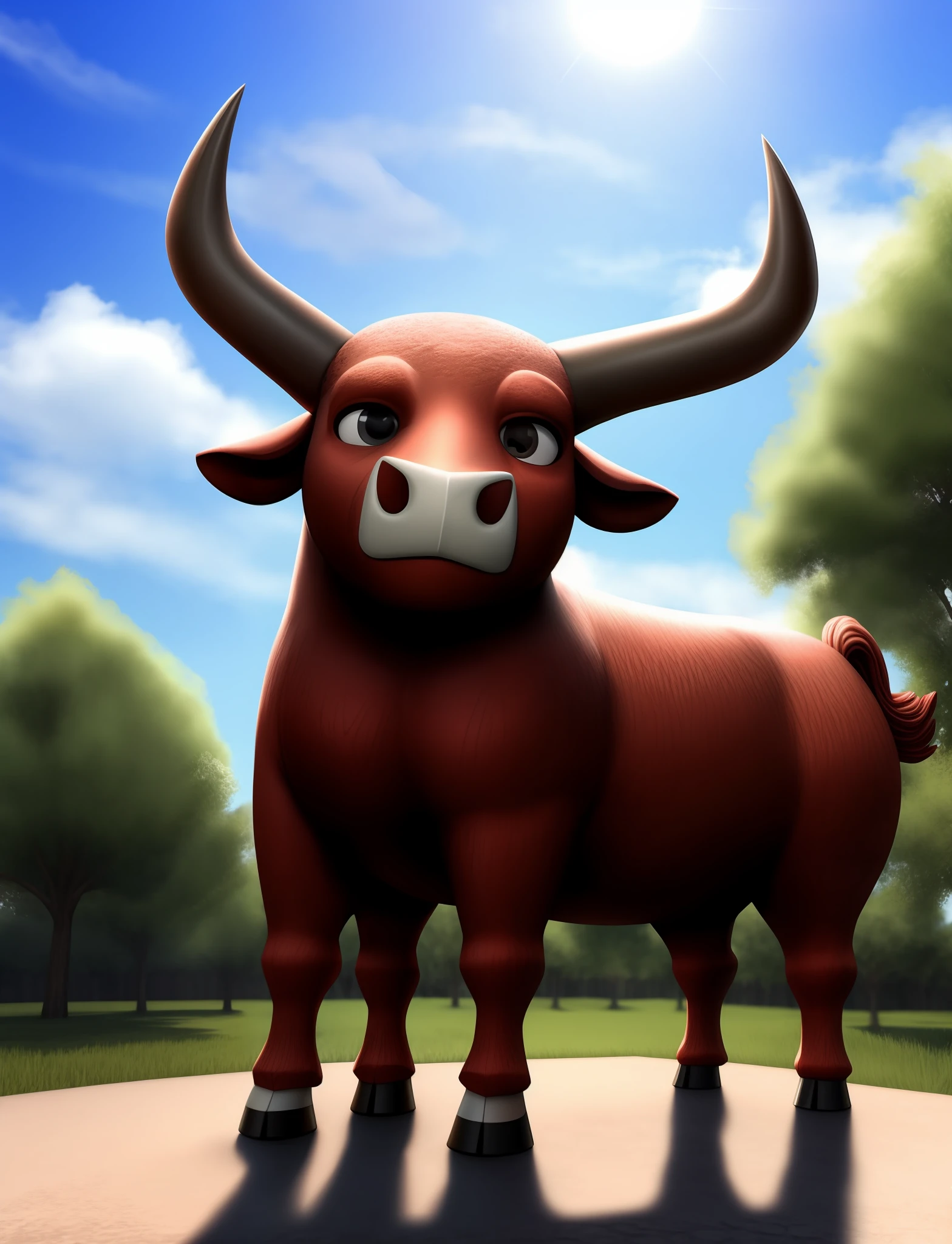 Stuffed ox, staring, cute, 3D, shadows, sky