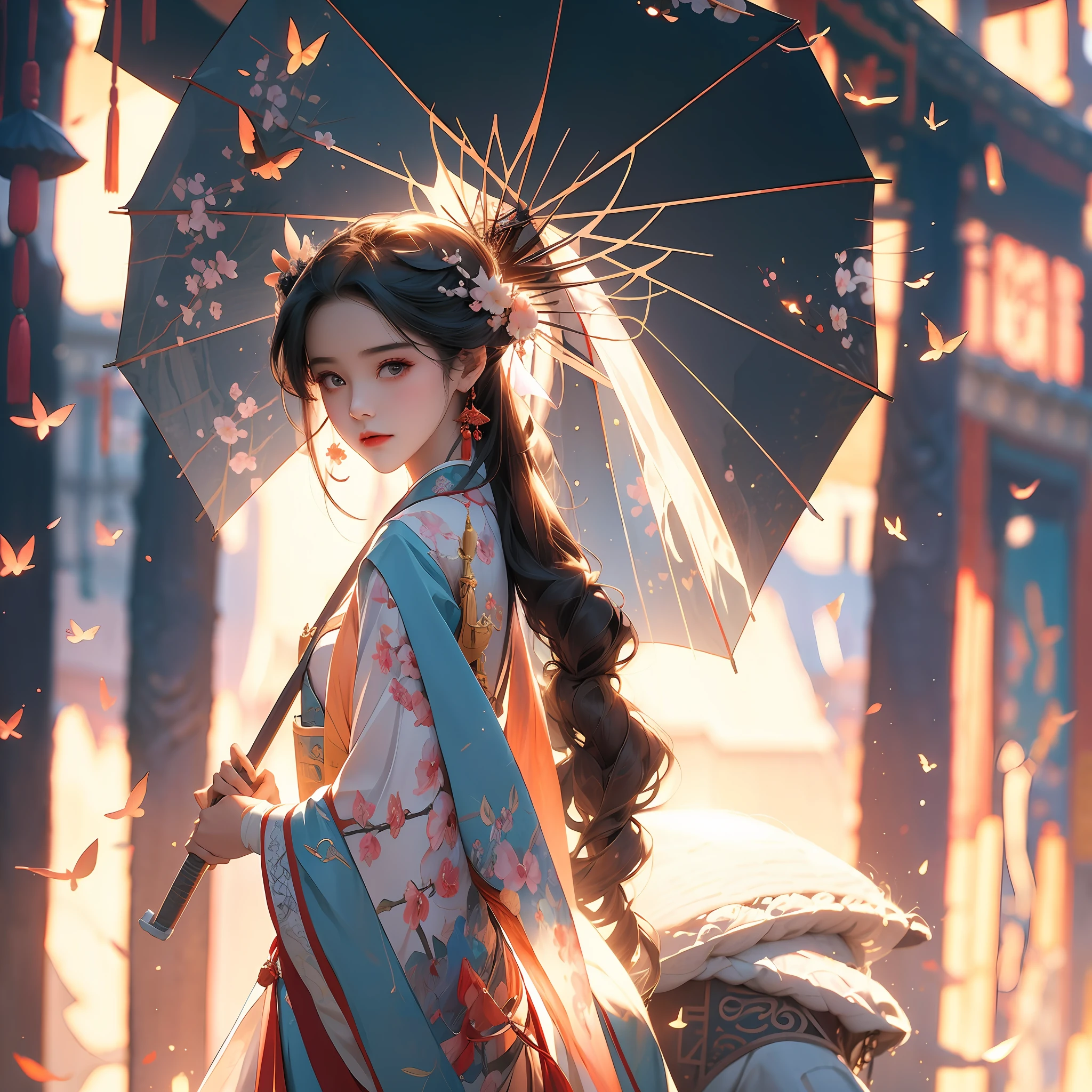 Masterpiece, best quality, side light, lens flare, ray tracing, sharp focus, holding oil-paper umbrella, umbrella is open, umbrella on the head of the character, dressed in Hanfu, a girl, dancing under the peach blossom,