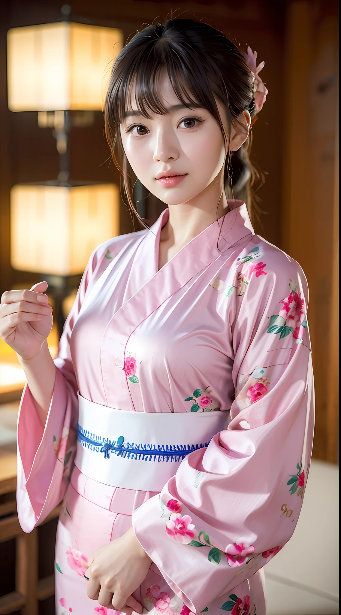 (yinchuan:1.5), close-up, masterpiece, best quality, raw photo, photorealistic, big breasts, beautiful face, soft smile, 20-year-old girl, light pink yukata, floral yukata, night, depth of field, high resolution, ultra detail, fine detail, highly detailed, highly detailed eyes and face, sharp pupils, realistic pupils,