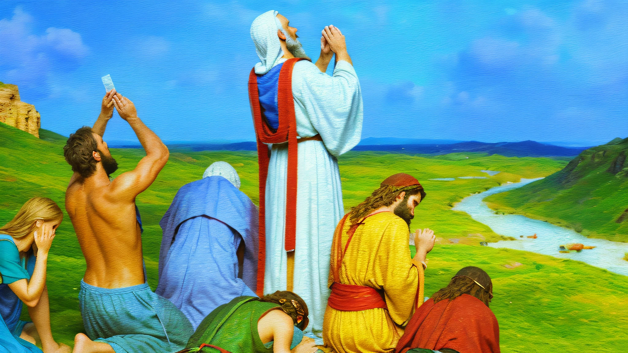 Photo Raw, (realistic), (masterpiece), (best quality), Noah, people pray, [(high details)], (skin high details), [(hands high details)], epic biblical representation, 8k, UHD, cinematic lighting, --s2