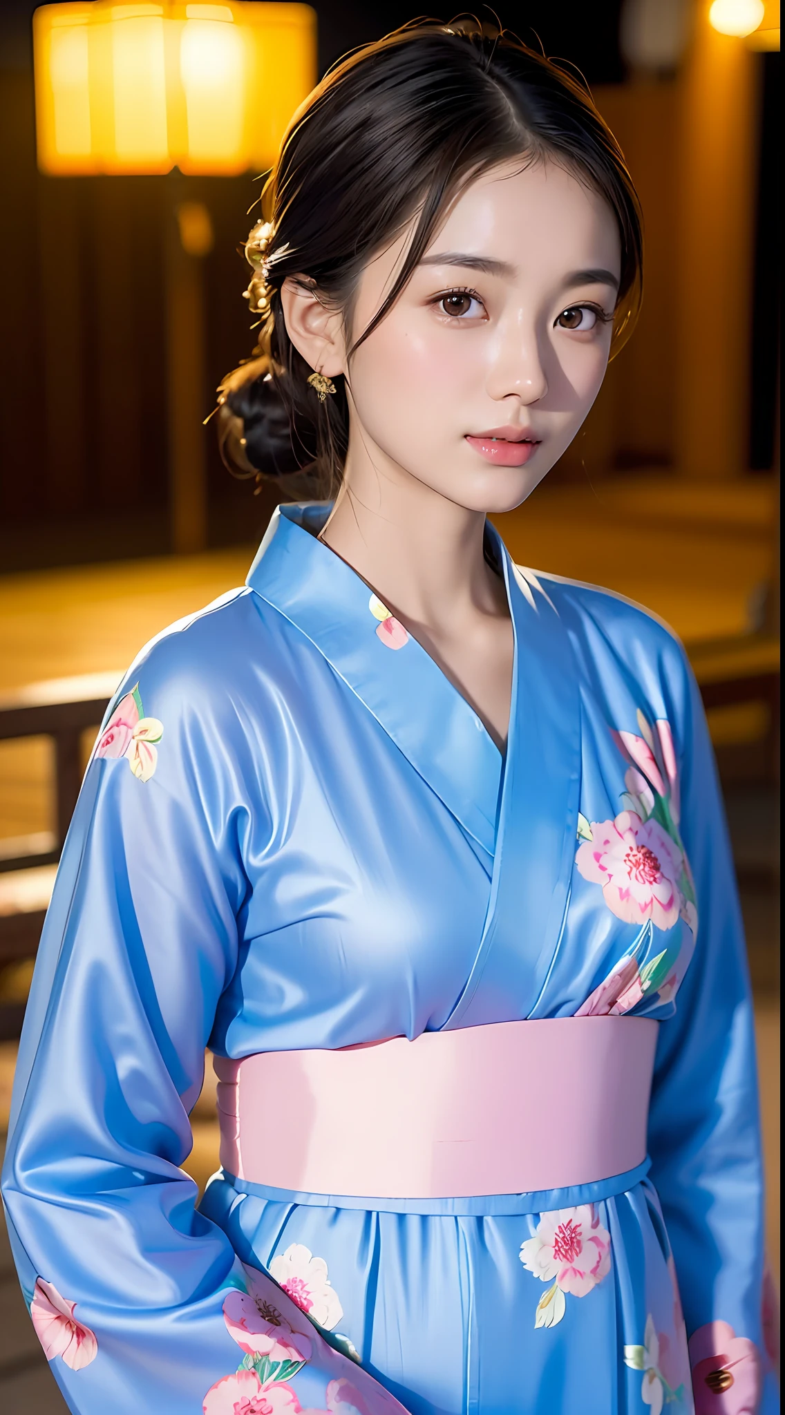 (yinchuan:1.5), close-up, masterpiece, best quality, raw photo, photorealistic, big breasts, beautiful face, soft smile, 20-year-old girl, light pink yukata, floral yukata, night, depth of field, high resolution, ultra detail, fine detail, highly detailed, highly detailed eyes and face, sharp pupils, realistic pupils,
