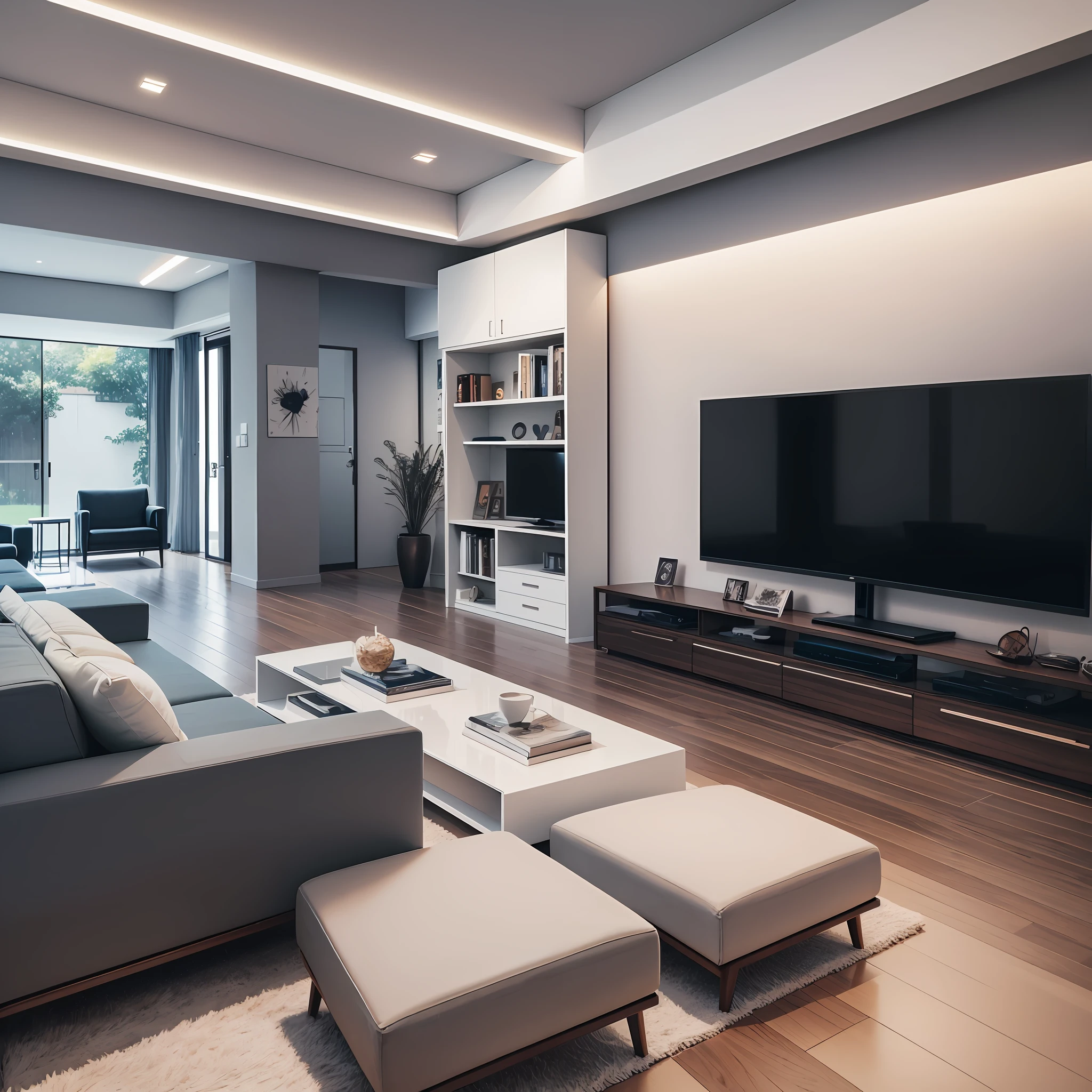 This is a modern living room design, mainly based on a simple, bright style. The main color of the living room is based on white, with dark gray fabric sofas and gray wooden floors, making the whole space look bright and fresh.

The main visual point of the living room is a set of high-end built-in TVs and media walls. The TV blends perfectly with the media wall to create a high-tech and stylish atmosphere. At the same time, several modern artworks hang on the white walls around the TV and media walls, adding some cultural touch.

The living room has a large L-shaped sofa, two single sofas and a bench with a footstool. The color and texture of the sofa are similar to the color of the floor and media wall, making the whole space look more harmonious. Benches are used to add seating and add some fun to the space.

In the center of the living room is a Chinese coffee table, which contrasts with the modern style of the living room, adding a bit of retro atmosphere. Some ornaments, such as vases and books, are placed on the coffee table, which adds layers to the space.

There is a simple bookcase in the corner of the living room, and some home decorations and books are placed on the bookcase, adding some cultural touch and personalized elements to the space.

The lighting design of the entire living room is very important, it can improve the visual effect and atmosphere of the space. The lighting in the living room is mainly floor lamps and table lamps, which can make the light softer and also make the space more warm.

Overall, this modern living room design is simple and elegant, bright and comfortable, exquisite and stylish, and incorporates many cultural elements, perfectly showing the charm of modern living room. --auto --s2