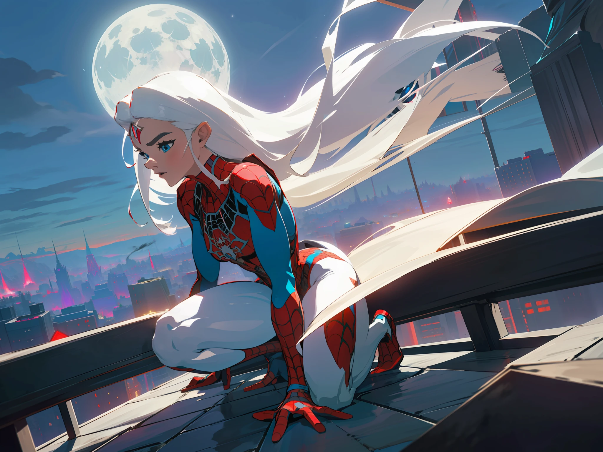 (Masterpiece, 4k resolution, ultra-realistic, very detailed), (White superhero theme, charismatic, there's a girl on top of town, wearing Spider-Man costume, she's a superhero), [ ((25 years), (long white hair:1.2), full body, (blue eyes:1.2), ((Spider-Man pose),show of strength, jumping from one building to another), ((sandy urban environment):0.8)| (cityscape, at night, dynamic lights), (full moon))] # Explanation: The Prompt mainly describes a 4K painting of ultra-high definition, very realistic, very detailed. It shows a superheroine at the top of the city, wearing a Spider-Man costume. The theme in the painting is a white superhero theme, the female protagonist has long white hair, is 25 years old and her entire body is shown in the painting. In terms of portraying the actions of superheroines, spiders are employed