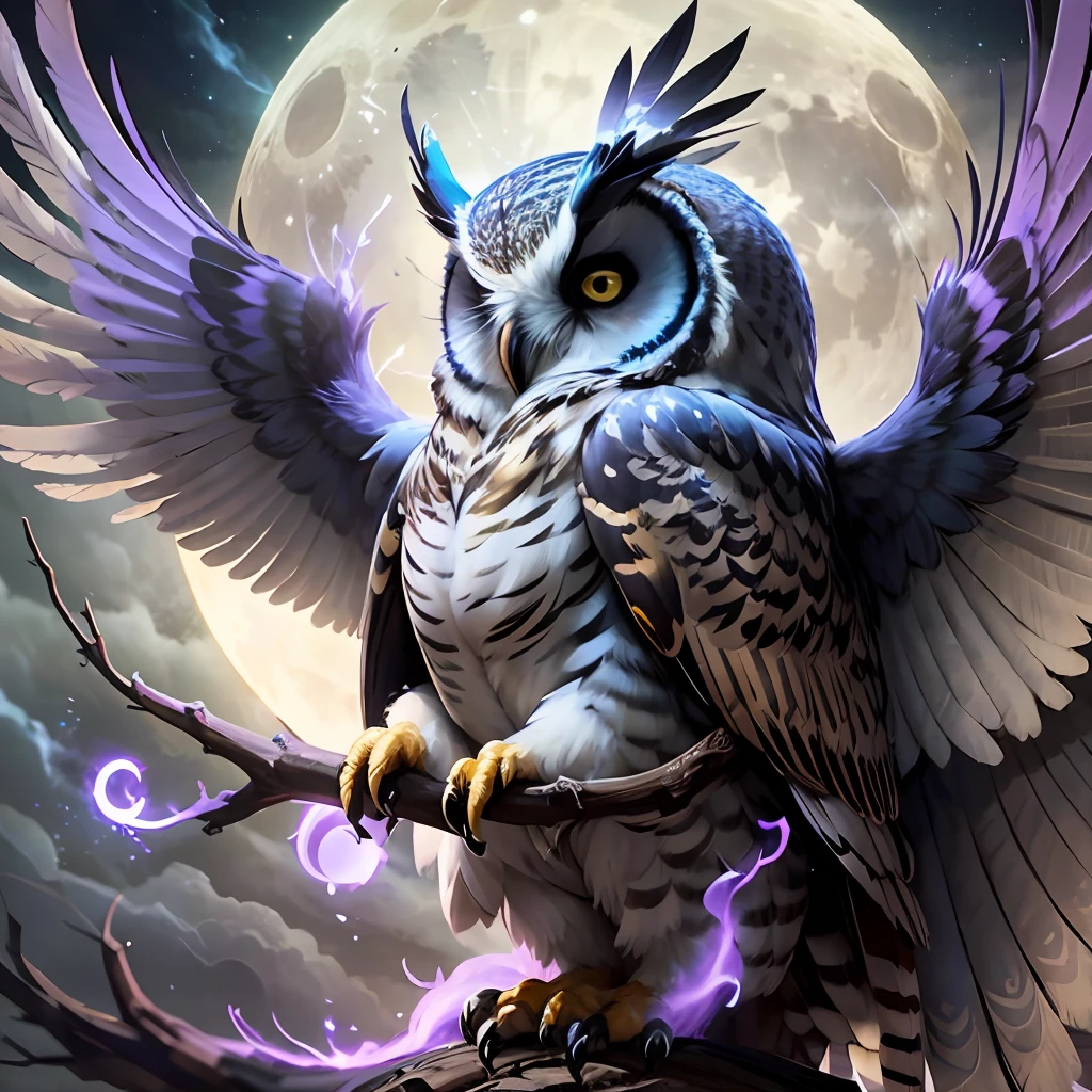 a majestic owl with large, piercing eyes that seem to glow with an otherworldly light. The owl's feathers are a mix of dark blues and purples, with hints of shimmering gold. Its wings are spread wide, as if in flight, and its sharp talons are visible beneath its feathers. The owl's beak is curved and sharp, giving it a fierce and powerful appearance. Surrounding the owl are swirling clouds and mist, creating an ethereal and mystical atmosphere. The clouds and mist are also adorned with hints of gold, further adding to the sense of magic and wonder. In the background, there is a full moon, casting a soft and eerie glow over the entire scene. The moon is also partially obscured by clouds, adding to the overall sense of mystery and intrigue. --auto --s2