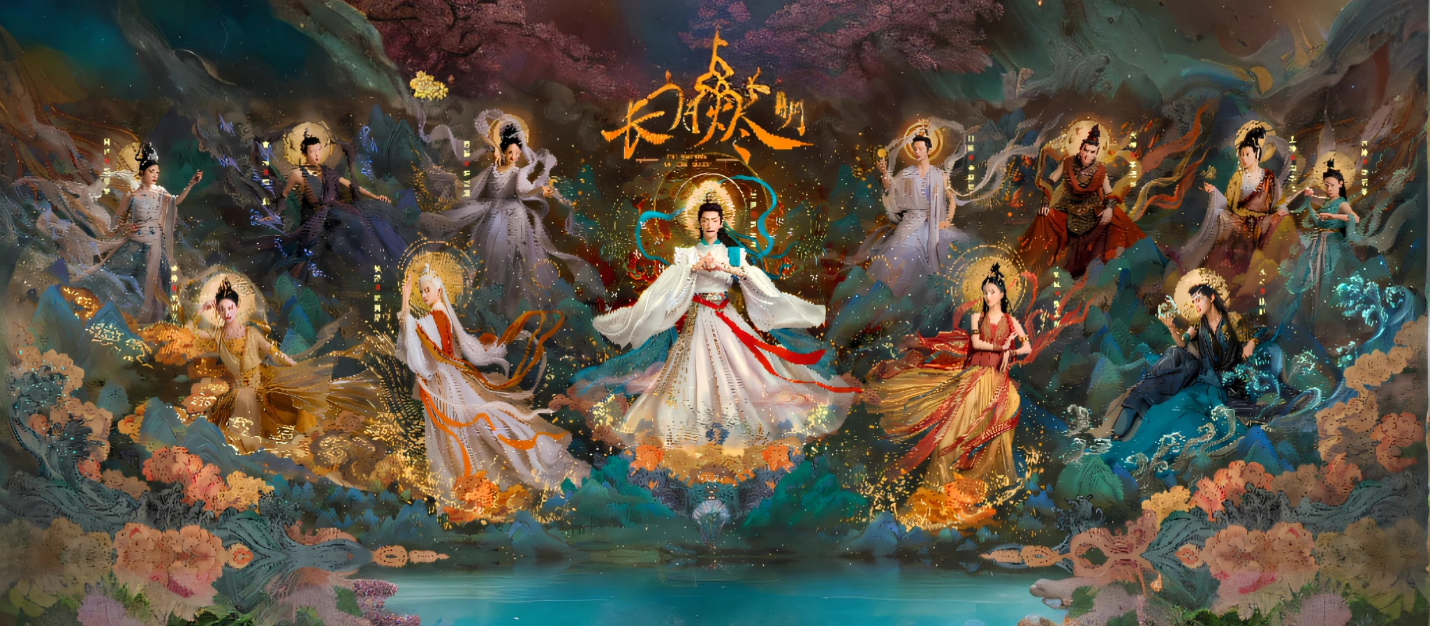 painting of a group of people in a painting style, guanyin of the southern seas, queen of the sea mu yanling, xianxia fantasy, movie promotional image, album art, chinese fantasy, hanfu, inspired by Luo Mu, fanart, inspired by Tang Yin, full body wuxia, by Yang J, inspired by Tang Yifen