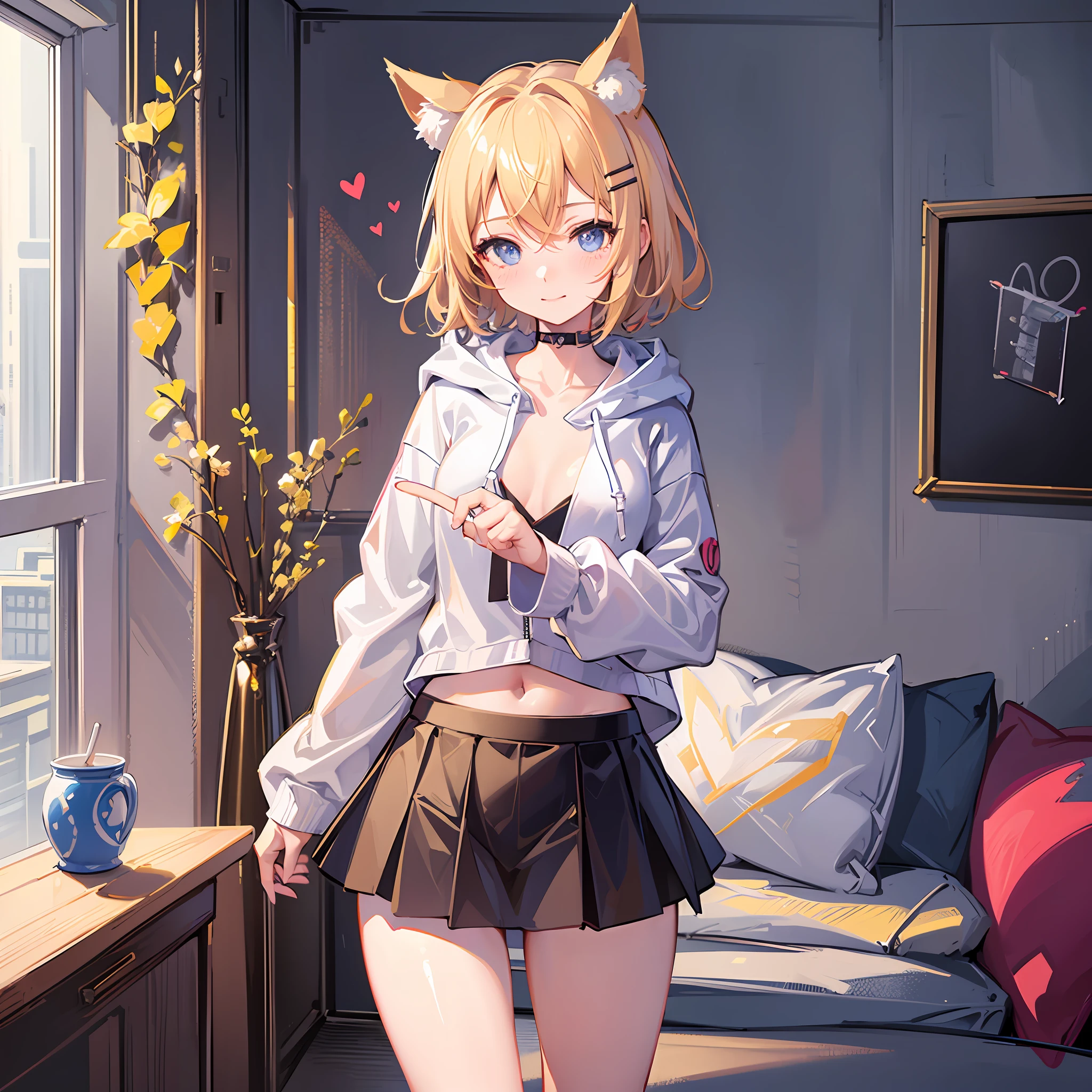 (Masterpiece), (Best Quality), (Illustration), (Super Detail), (High Resolution), Perfect Anatomy, Absurdity, One Girl, (Kagamine_Rin), (Vocaloid), Short Hair, Hair Clips, Blush, (Blonde), Very Cute Girl, Small, Young, Delicate, Attention to Girl, Living Room, Cute, She, Smile, Best Moment, , Blue Eyes, Bright Eyes, Lively Eyes, Cute, standing, thighs, navel visible, red heart in background, heart speech bubble, pampered, innocent, love love, love viewer, clean skin, beautiful body, cute face, delicate arms, boyfriend gaze, lively eyes, neatness, bare legs, estrus, nsfw, naked, dabo dabo hoodie, clothes only hoodie, hoodie with open front, hoodie with cat ears, hoodie, perfect hoodcleavage