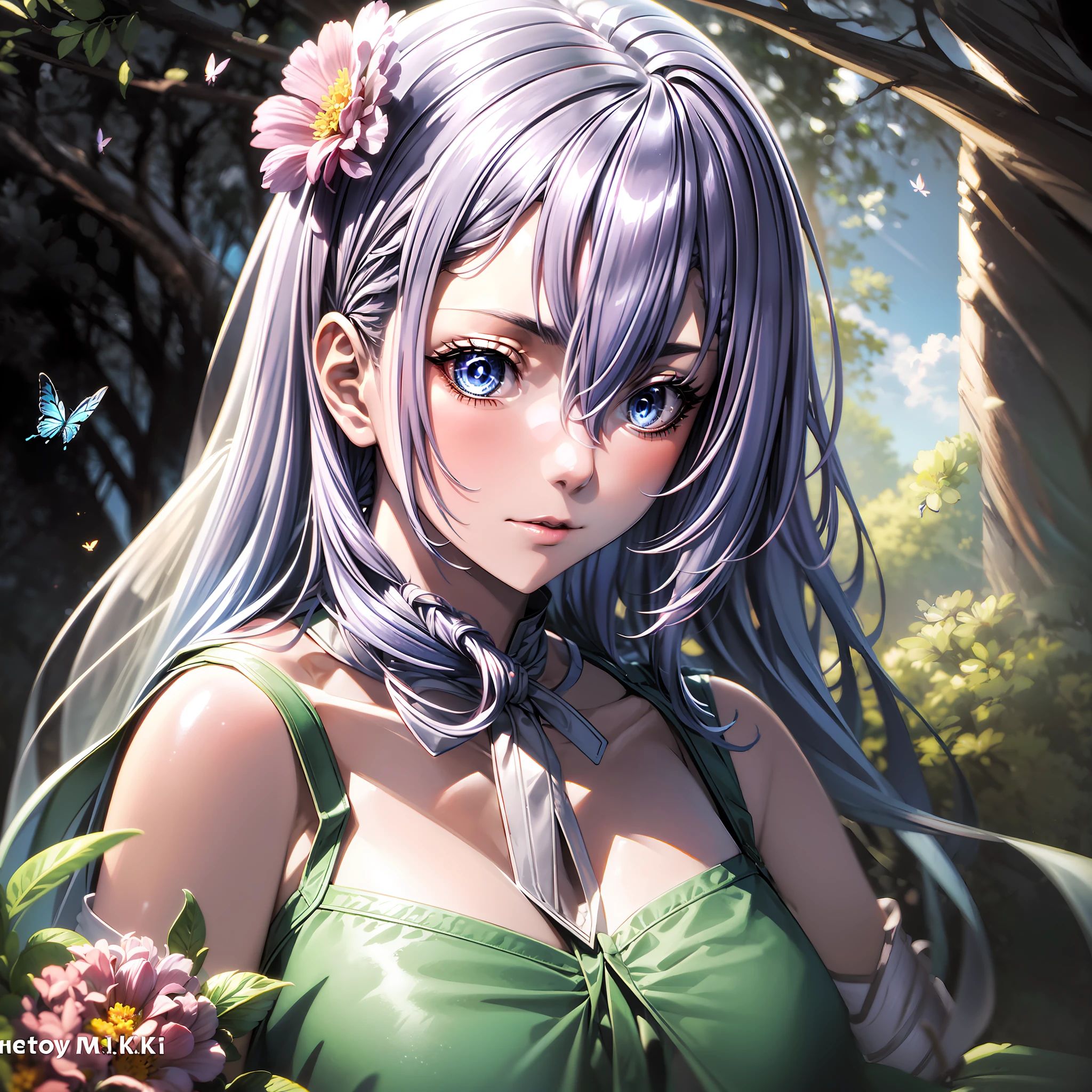 Luna, I have a cheating ability in another world and have become unparalleled in the real world too, (extremely detailed CG unit 8k wallpaper, masterpiece, best quality, ultra-detailed), floating, (1girl), (blue eyes + silver hair: 1.3), wearing a white dress, (pink ribbon + feather: 1.1) on the head, standing in a beautiful garden, surrounded by (colorful flowers: 1.2),    (butterflies + birds): 1.1, (sun rays + clouds) in the sky, style (watercolor + pastel), 1 girl, with extremely detailed face and eyes.