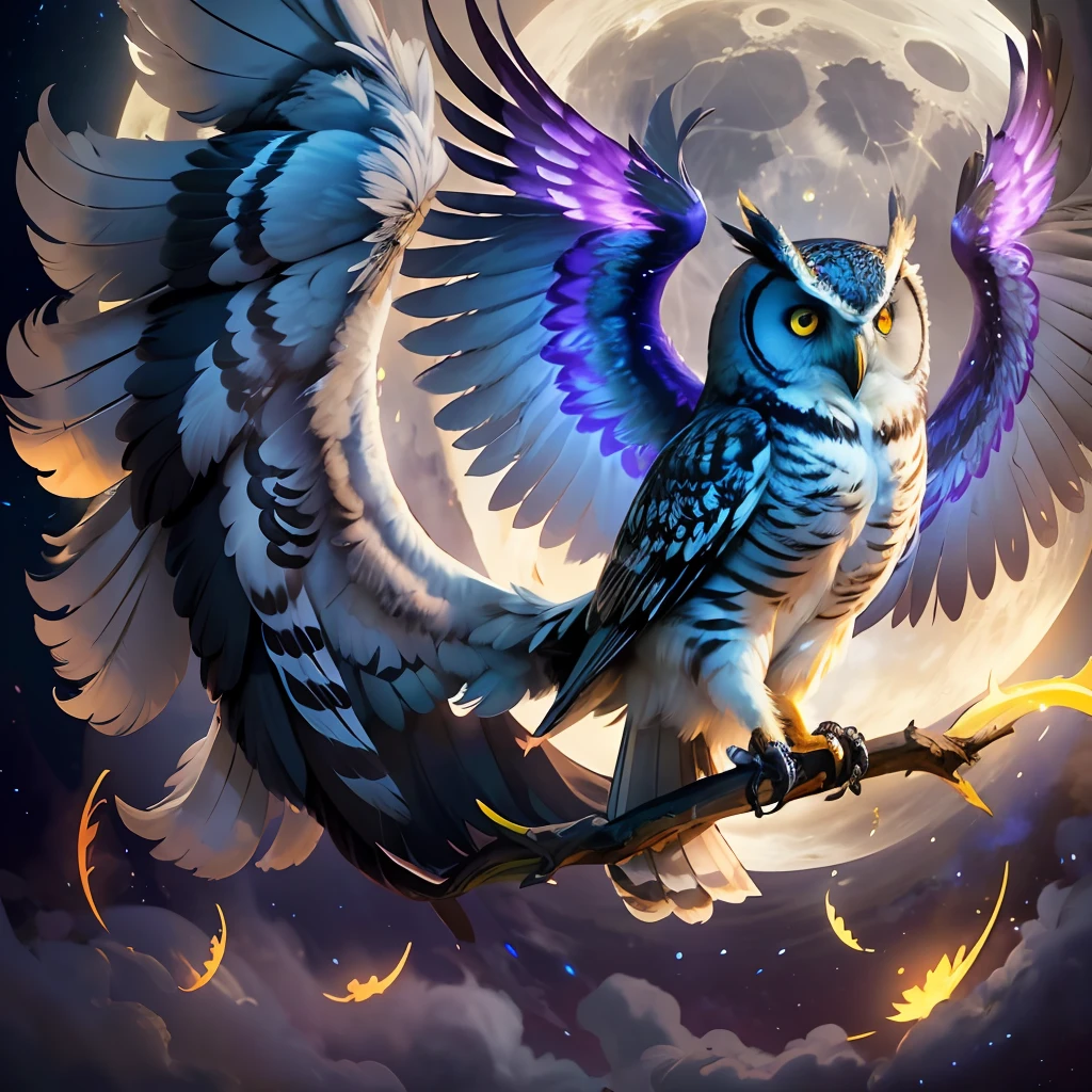 a majestic owl with large, piercing eyes that seem to glow with an otherworldly light. The owl's feathers are a mix of dark blues and purples, with hints of shimmering gold. Its wings are spread wide, as if in flight, and its sharp talons are visible beneath its feathers. The owl's beak is curved and sharp, giving it a fierce and powerful appearance. Surrounding the owl are swirling clouds and mist, creating an ethereal and mystical atmosphere. The clouds and mist are also adorned with hints of gold, further adding to the sense of magic and wonder. In the background, there is a full moon, casting a soft and eerie glow over the entire scene. The moon is also partially obscured by clouds, adding to the overall sense of mystery and intrigue. --auto --s2