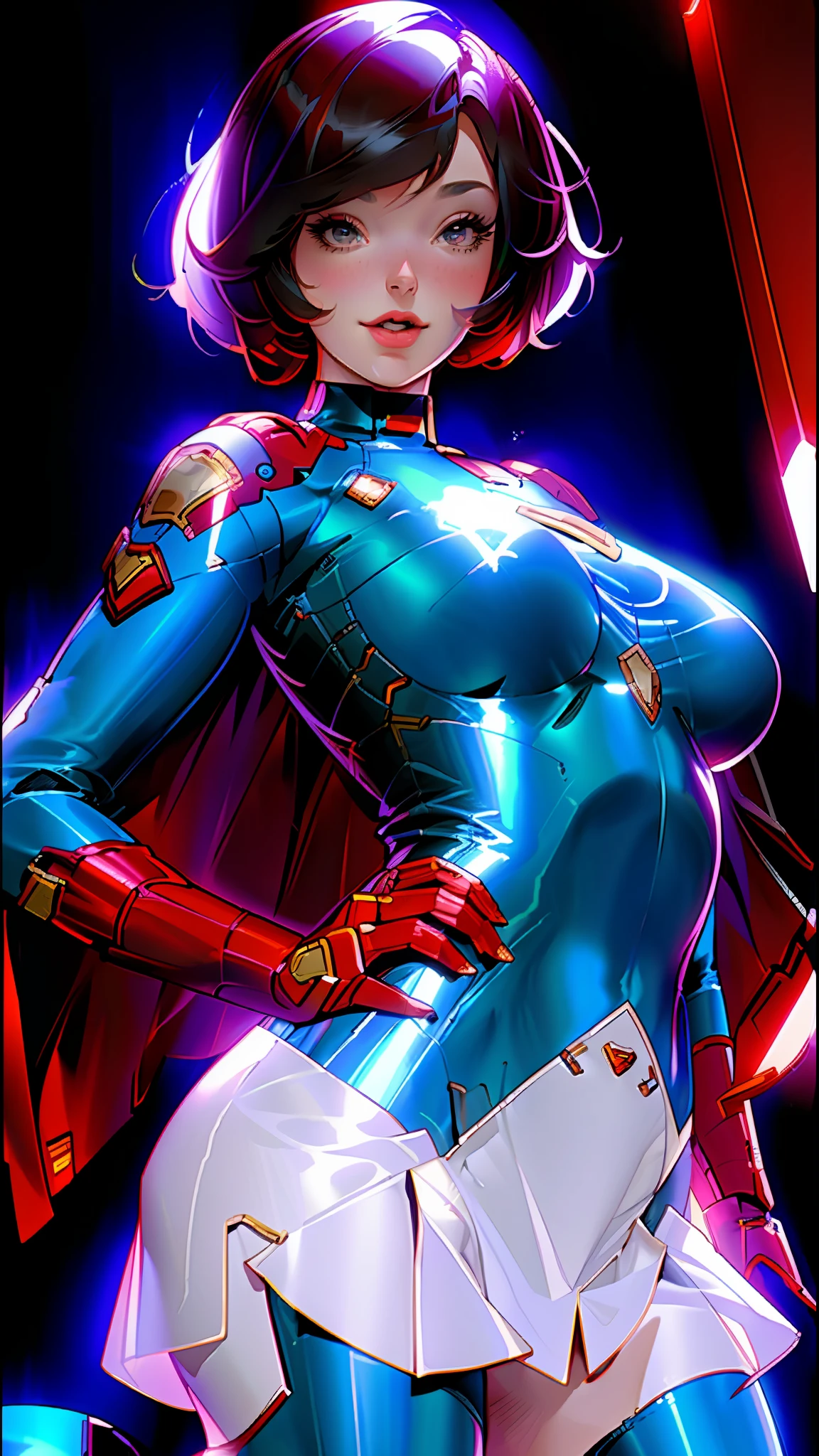 Beautiful woman short hair defined body big breasts, wearing Supergirl cosplay