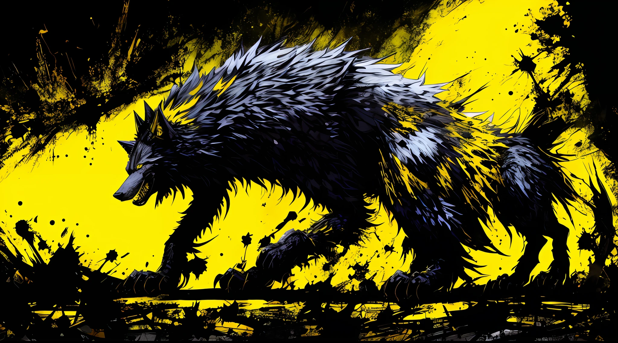 yellow and black, a monstrous wolf, in the style of Mork Borg, strong contrast, grunge dirty punk splash art, zine black metal, forest color splash background