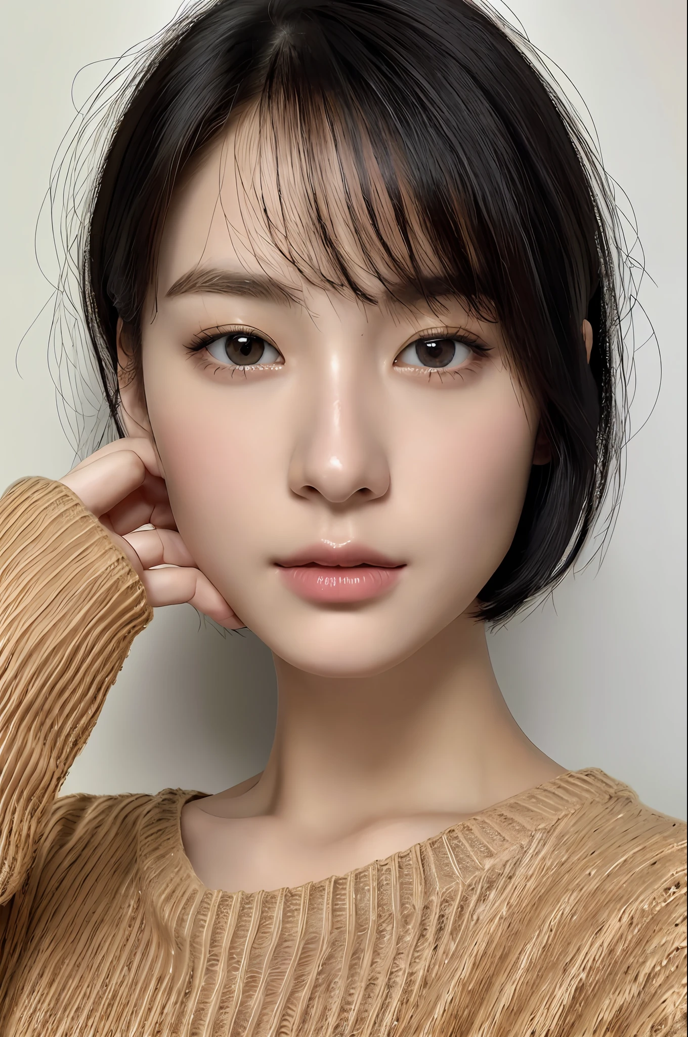 Masterpiece: 1.3), (8k, photorealistic, RAW photo, top quality: 1.4), (1girl), beautiful face, (realistic face), (black hair, short hair: 1.3), beautiful hairstyle, realistic eyes, beautiful detail eyes, (realistic skin), beautiful skin, (sweater), absurd, attractive, ultra high resolution, ultra realistic, high definition, golden ratio