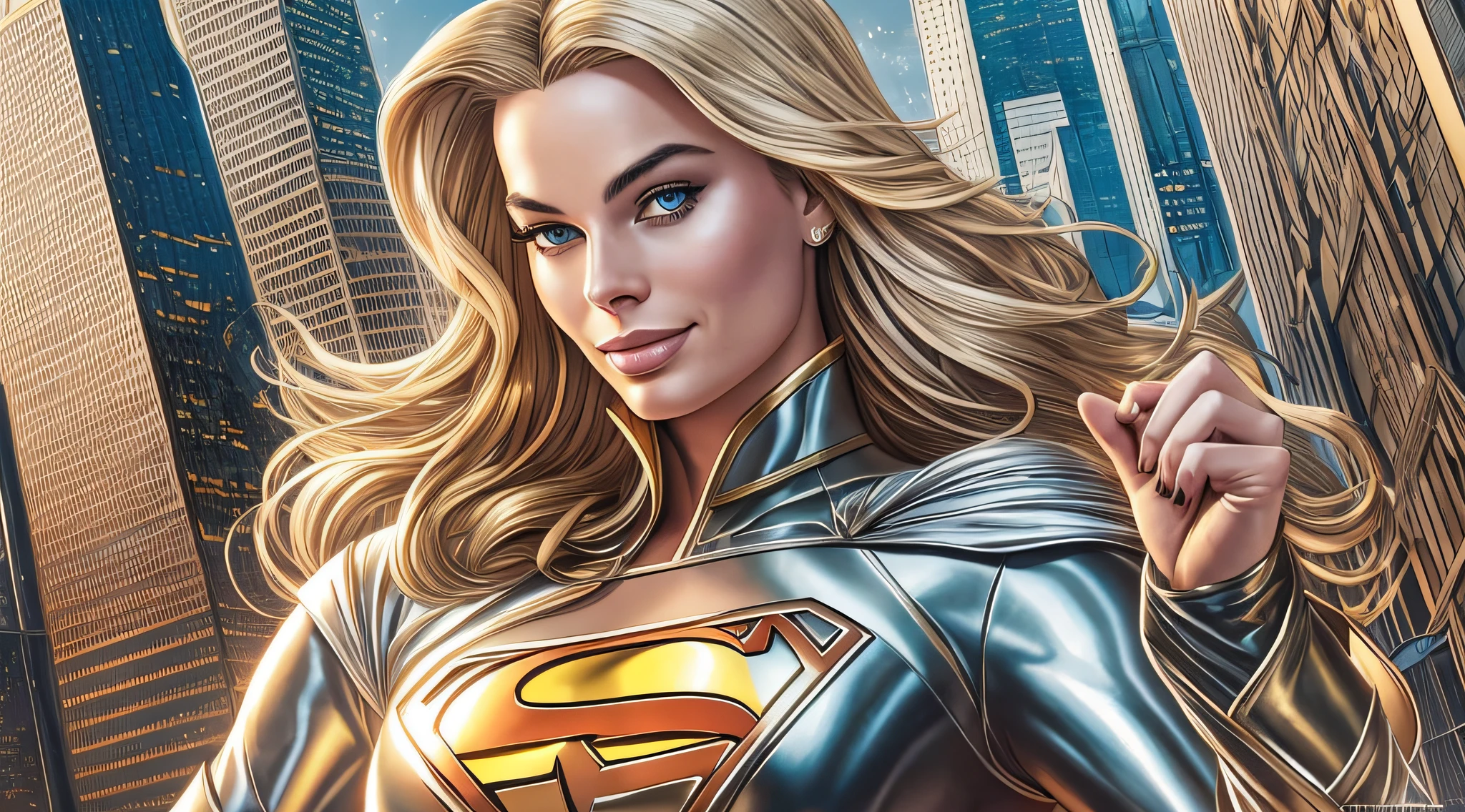 Margot Robbie beautifully in a silver and gold costume with a Superman symbol on her chest, Power Girl, Supergirl, Chris Moore. artgerm, beautiful comic art, extremely detailed artgerm, female superhero proportions, superhero body, high detail comic book art, artgerm julie bell beeple, dc comics art style, perfect anatomy, hands with 4 fingers and 1 thumb, rendered in 8K resolution for high quality detail, 8K image quality, 8K high resolution image,  hyper detailed, super realistic, intricate details --auto --s2