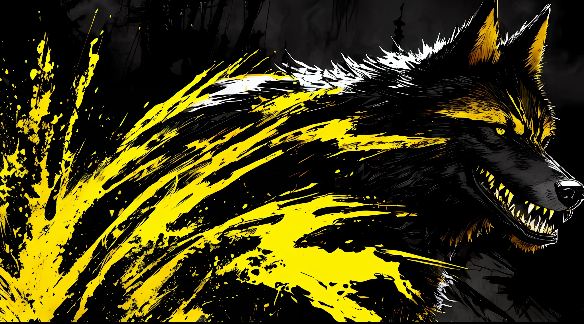 yellow and black, a monstrous wolf, in the style of Mork Borg, strong contrast, grunge dirty punk splash art, zine black metal, forest color splash background