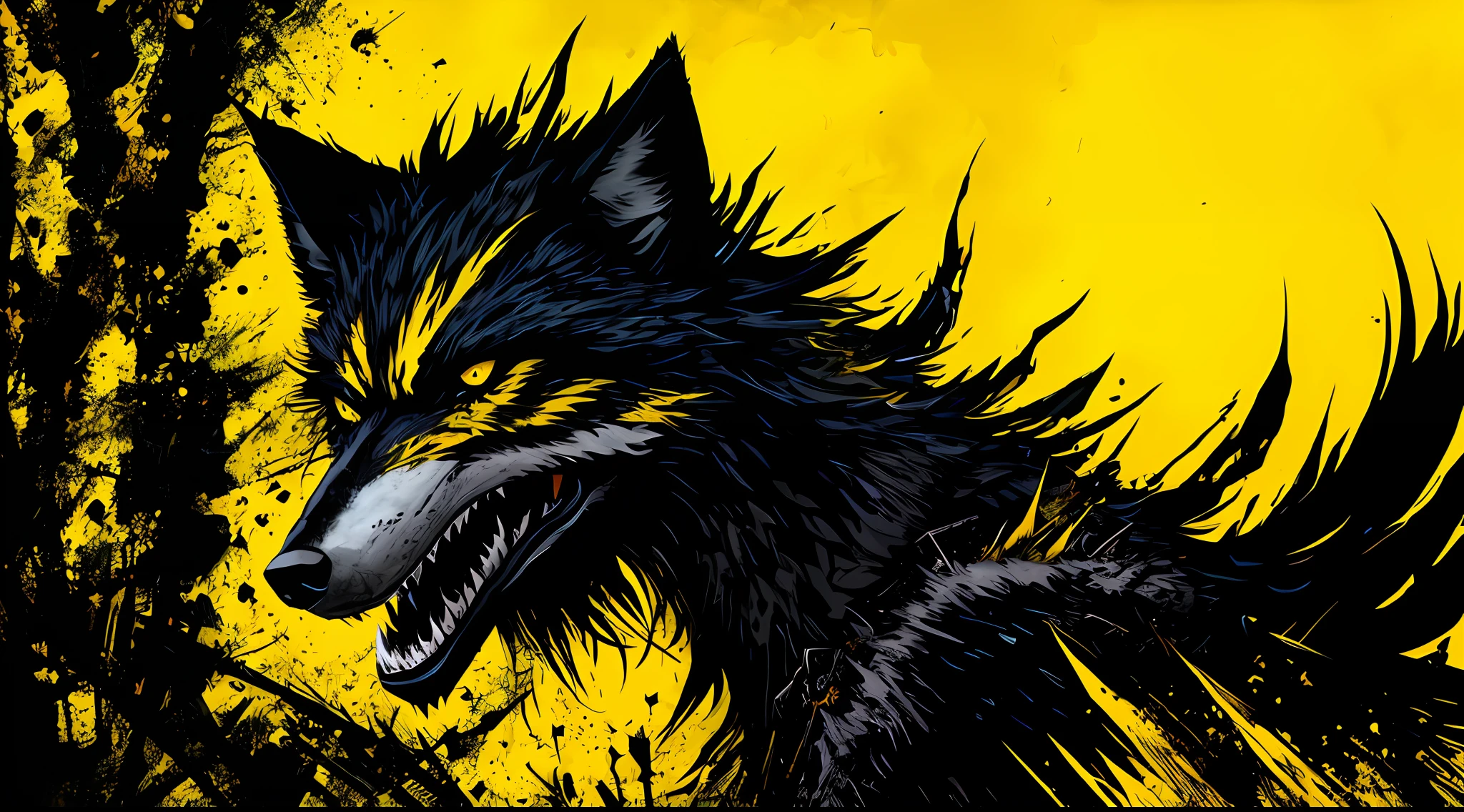 yellow and black, a monstrous wolf, in the style of Mork Borg, strong contrast, grunge dirty punk splash art, zine black metal, forest color splash background