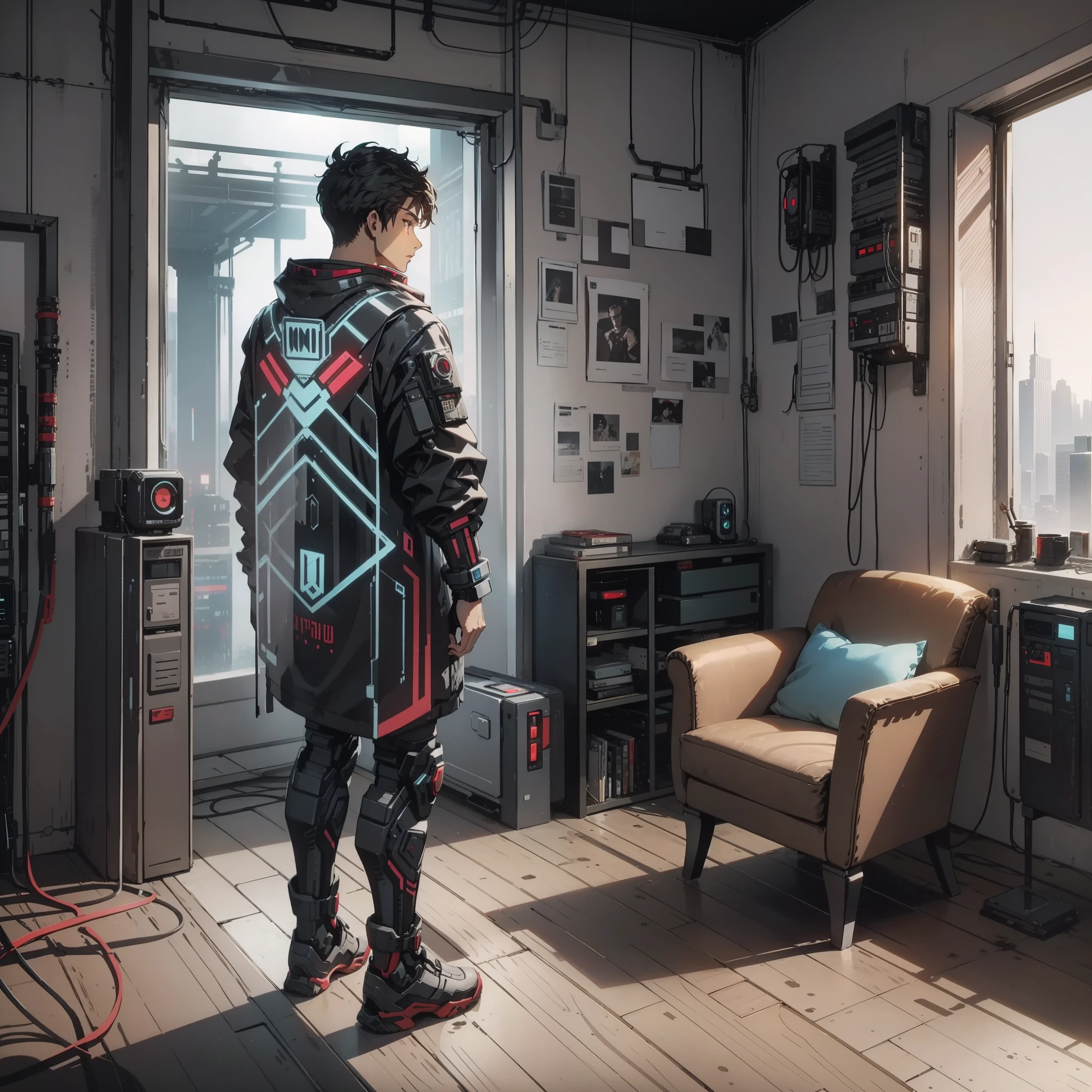 there is a man standing in front of a fan in a room, very very low quality picture, around 1 , from side, he is about 20 years old, he is about 2 0 years old, full body profile, blurry image, profile pose, side pose, full body picture, jose miguel roman frances, andres rios, distant full body view!! Cyberpunk, sci-fi distopic --auto --s2