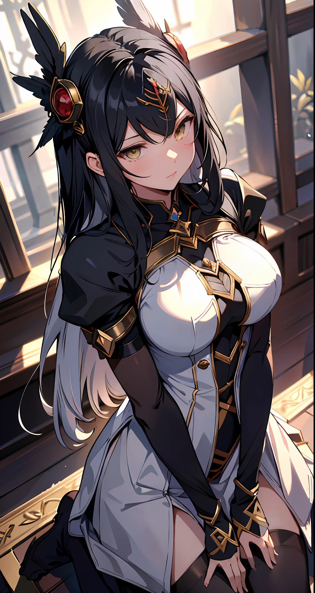 absurd res, high res, (masterpiece:1.4), ultra-detailed, 1girl, from front, space, black stockings, medium hair, yellow eyes, hands out of frame, Hourglass figure, hourglass body, highest quality, absurd quality, 8k, perfect body, perfect contrast, beautiful face, yellow eyes, unrevealing skin, 1girl, kneeling, facing viewer, holy maiden, sister, holy girl, praying, from front, sfw, unrevealing clothes, covered skin, black hair, sister, church,