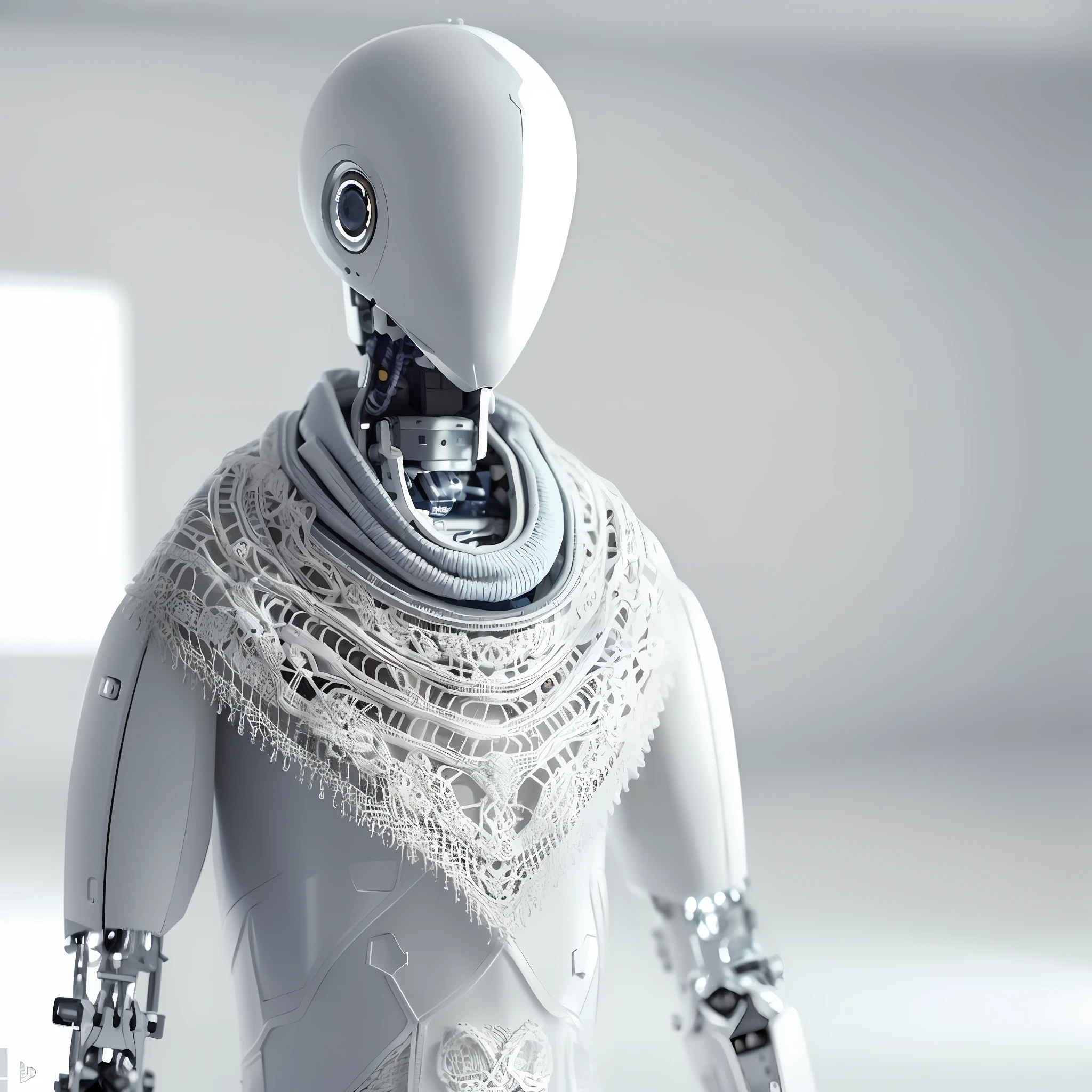 There is a robot that is standing in a room with a lace crochet blanket, white cyborg fashion photo, detailed humanoid, futuristic robot body, cloth simulation with Houdini, intricate 8K rendering, porcelain cyborg, cyborg fashion model, biomechanical clothing, humanoid robot of ex machina, integrated synthetic android, white biomechanical details,  intricate art. octane render, white robot