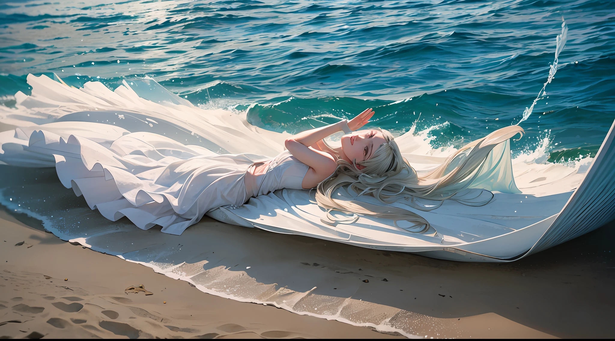 woman with white clothes on a paradisiaca beach, saluting god with her arms raised, white sand and lots of corals, delicate, Americana, Lithography, long shot, Octane rendering, Bokeh, items, olive colors, Unworldly, led s lighting, 64-bit --ar 16:9 --auto --s2