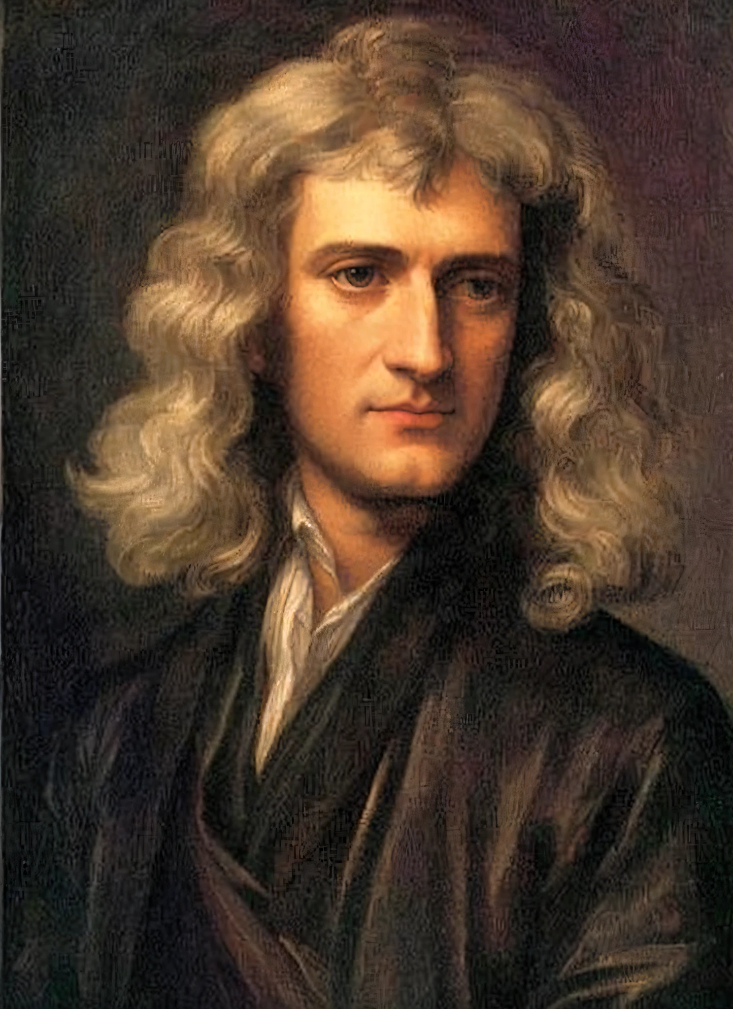 A painting of a man with long hair and a black jacket, Isaac Newton, philosopher, half-length portrait, classical, non-Euclidean portrait, painting of a man, medium-length portrait, looking at the camera, realistic
