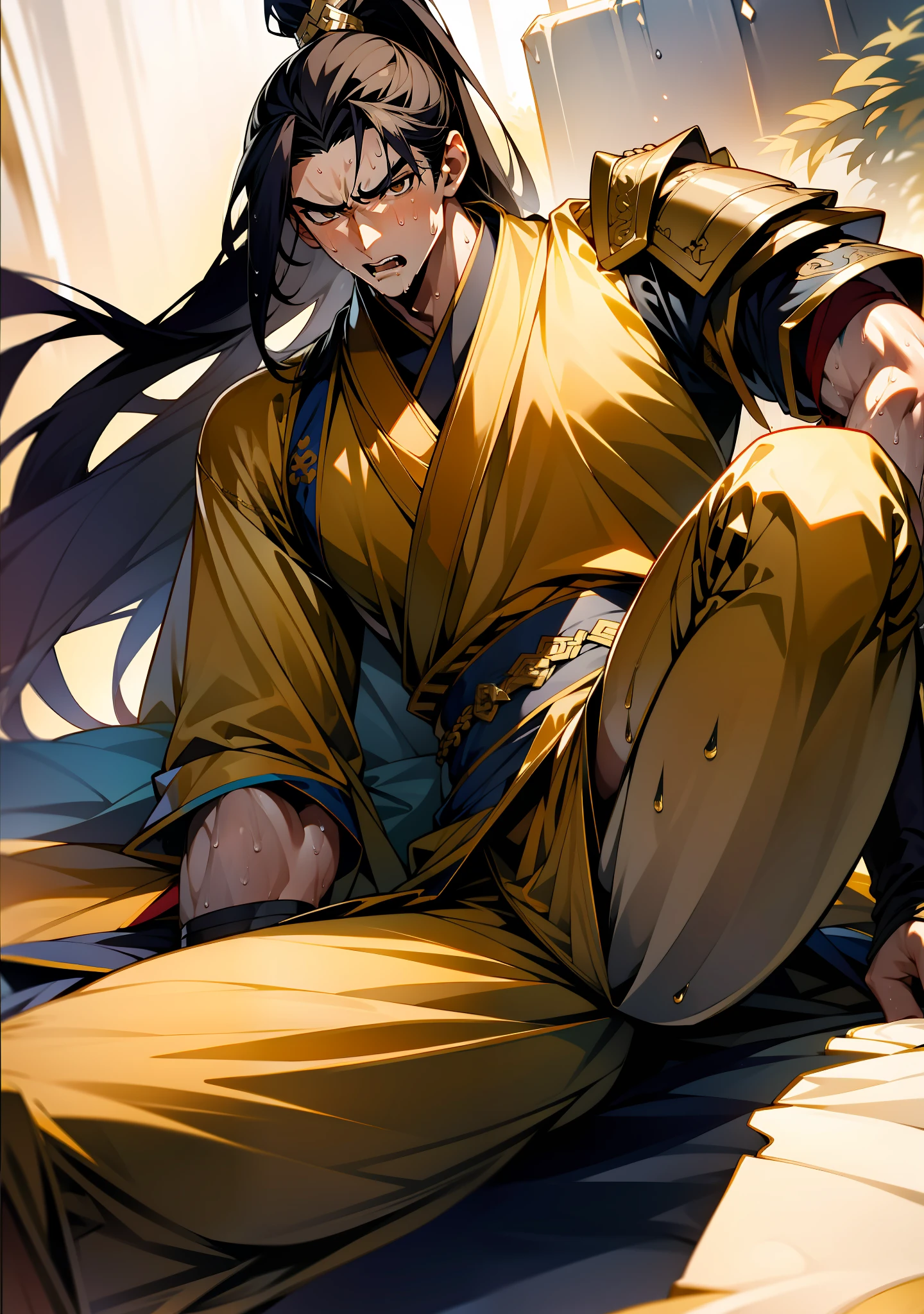 1 male, sweating, open mouth, drooling, wet, wet, sweating pectorals, sweating abs, sweating crotch, golden costume Hanfu, dragon robe, handsome face, evil, highest picture quality, dark skin, high ponytail long hair, detail Hanfu, wearing arm guards, armor, leg guards, leggings, military boots (ancient Chinese military boots), looks like a general, squat, forked legs squat, half squat, sweating crotch, crotch shape, crotch sweat, long legs, leg contour, thigh close-up, calf close-up, perfect legs