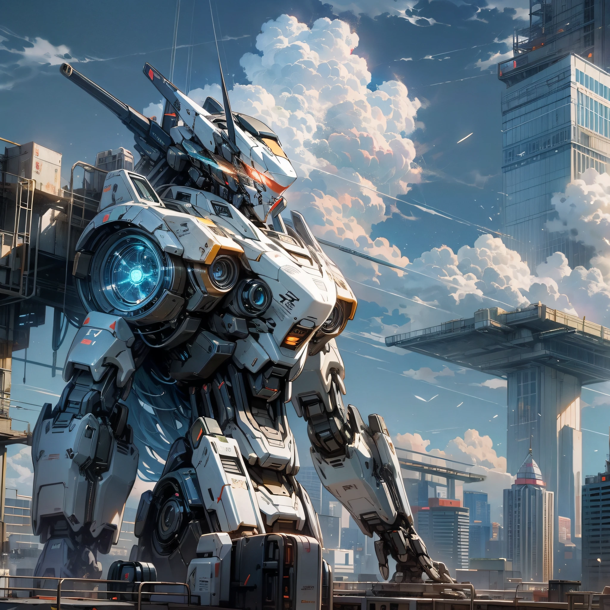 sky, cloud, holding_weapon, no_humans, glowing, , robot, building, glowing_eyes, mecha, science_fiction, city, realistic,mecha --auto --s2