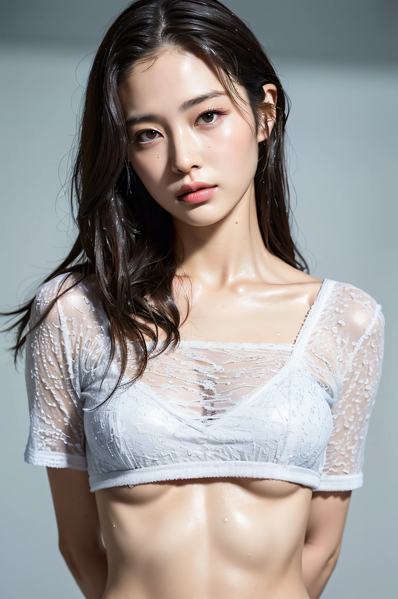 (Best quality, 4k, Masterpiece :1.3), pretty woman, 1girl, (breasts, attractive body :1.2), abs :1.1, dark brown hair: 1.1, (rainy wet, wet from rain, wet body :1.2), ultra-detailed face, detailed lips, detailed eyes, double eyelid