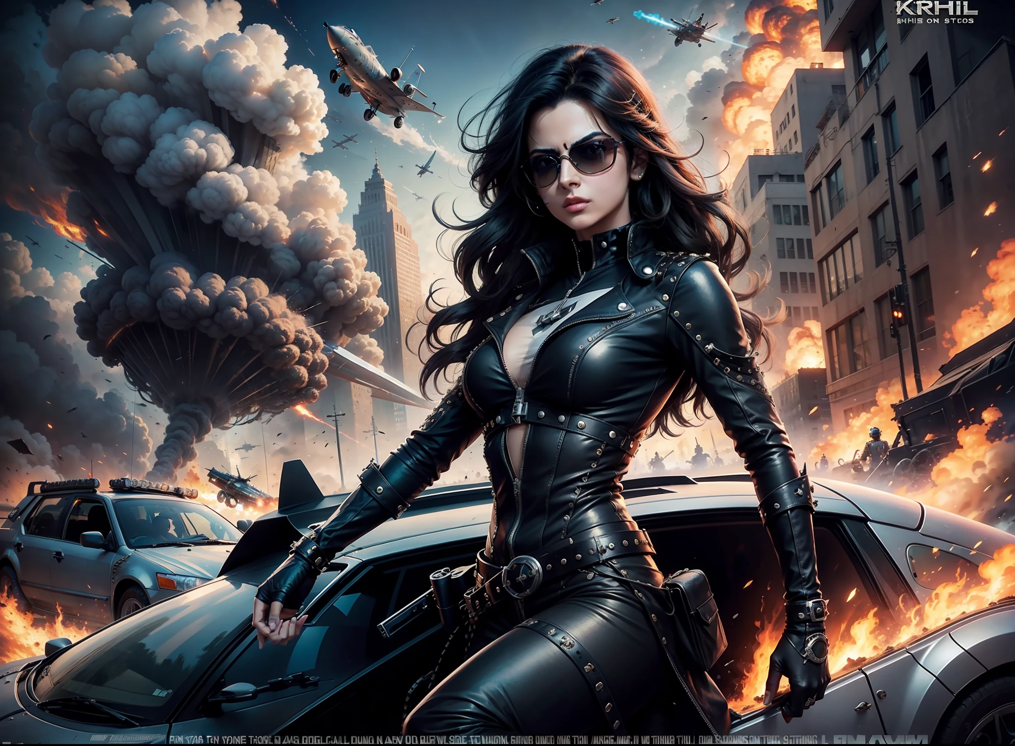 Movie poster krrish, sunglasses, rivets, girl, explosions, guns, cars, planes, single person