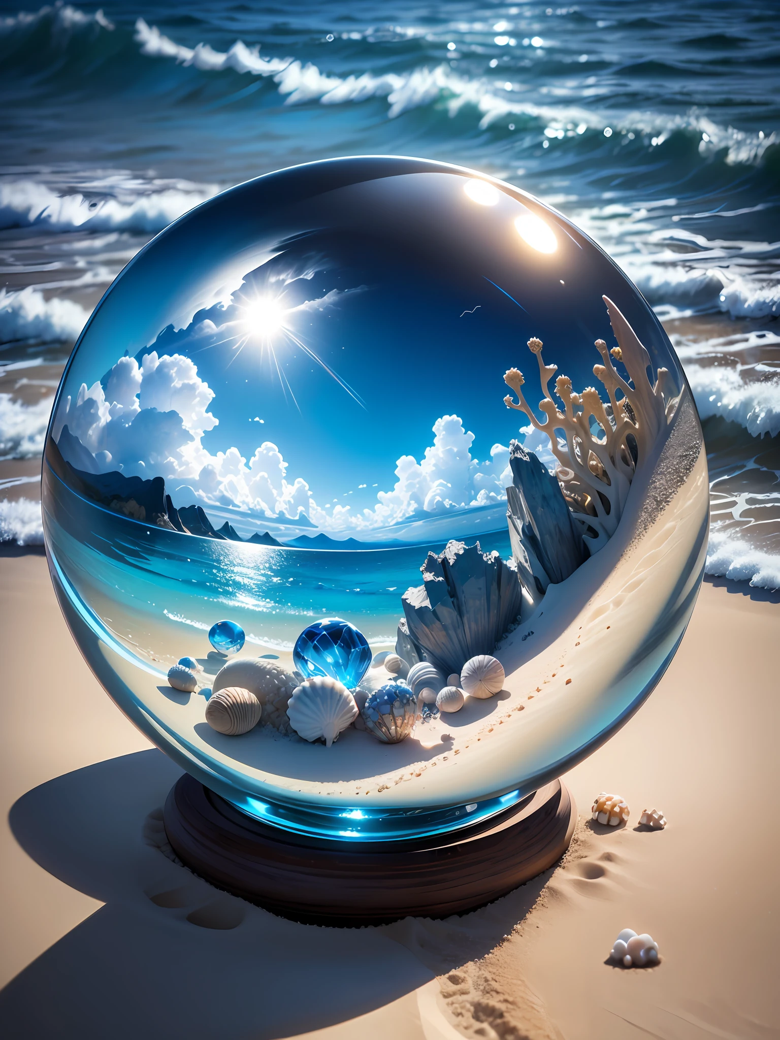 Ultra-realistic, 16K high resolution, (Max Sharp Focus: 1.3), (Max Close-up: 0.5), (Sandy beach trapped in a crystal perfect ball with pedestal on table: 1.7), (Blue waves, white sand, black clouds, thunder, crabs, shells: 1.3)