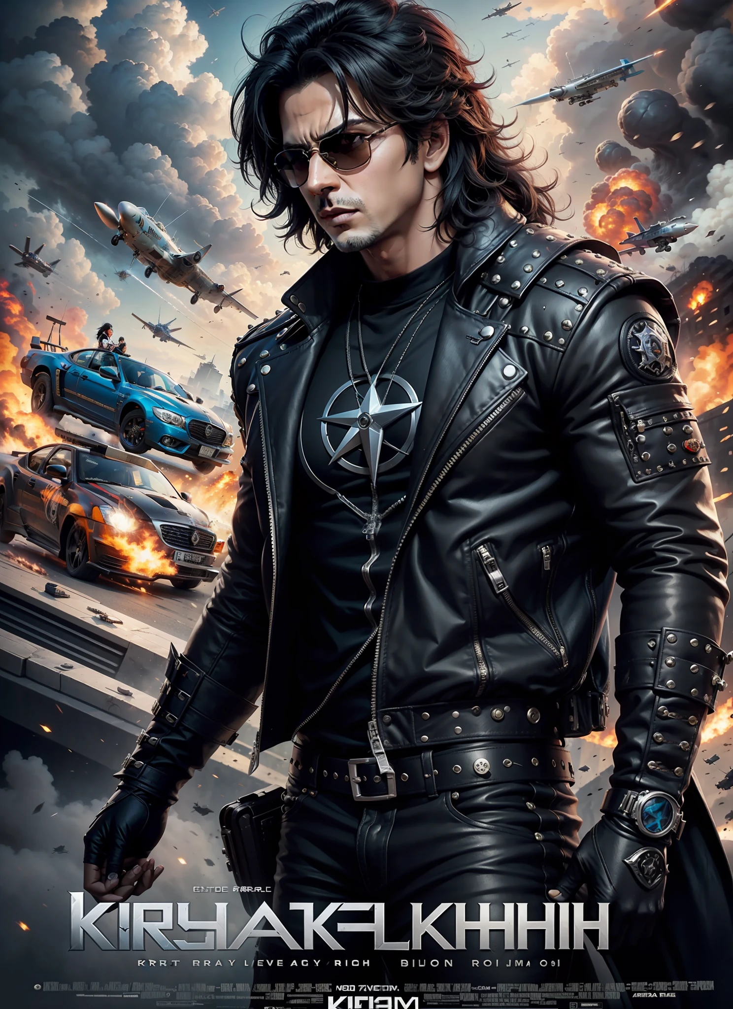 Movie poster krrish, sunglasses, rivets, explosions, guns, cars, planes, full person