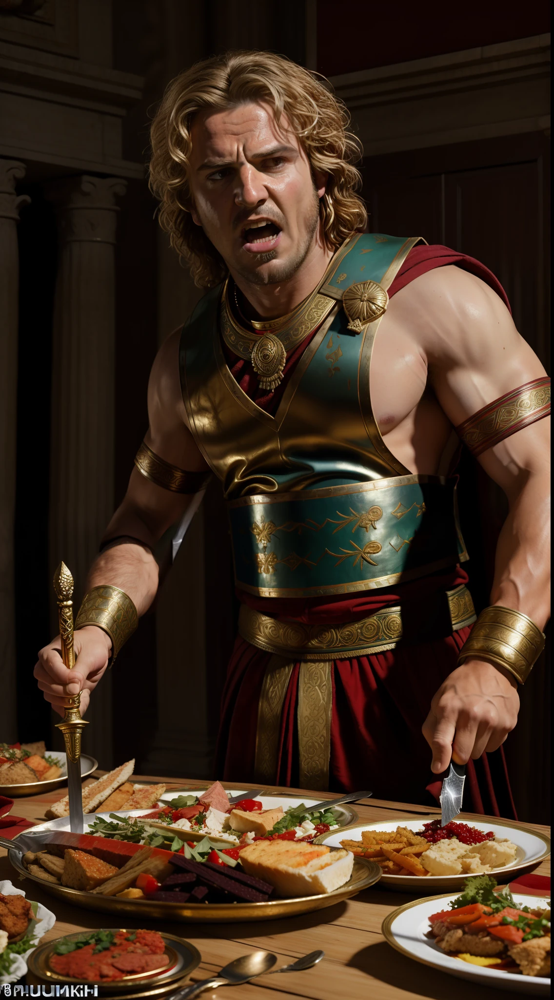 (masterpiece, 8K, UHD, photo-realistic:1.3), Alexander the Great, (drunken state:1.2), ancient Roman attire, turning violent, (terrifying expression:1.1), brandishing a sword, bullying guests, opulent feast, wine spilling, food scattered, tense atmosphere, Greg Rutkowski style.