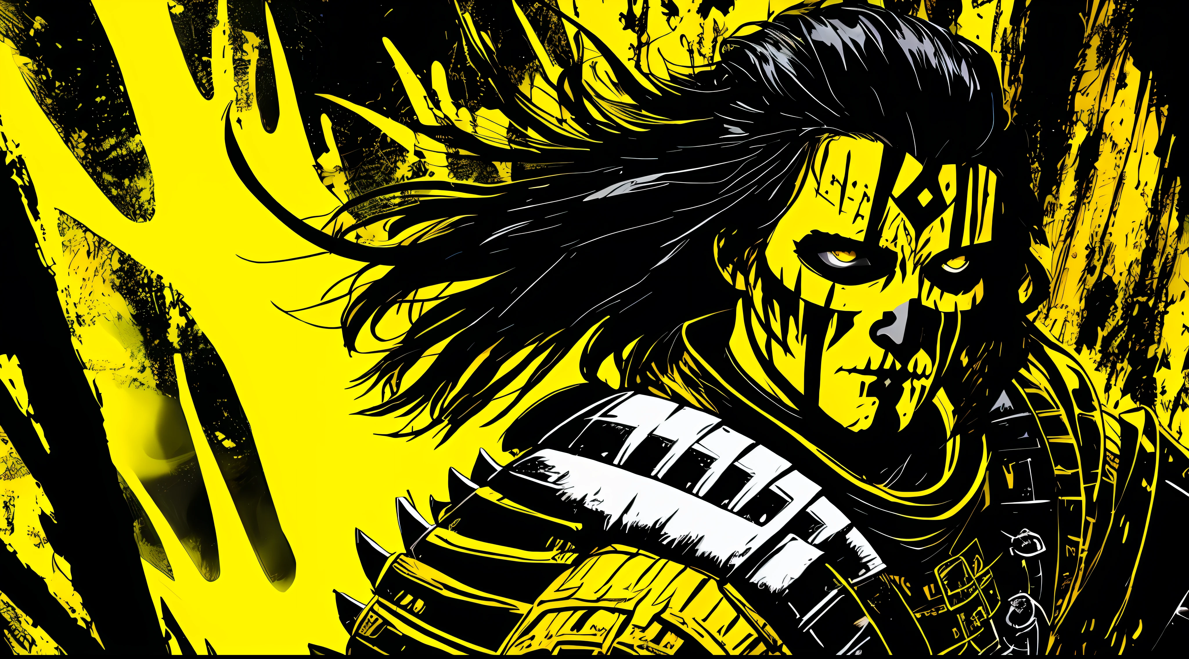 yellow and black, a medieval indigenous warrior, in the style of Mork Borg, strong contrast, grunge dirty punk splash art, zine black metal, forest color splash background