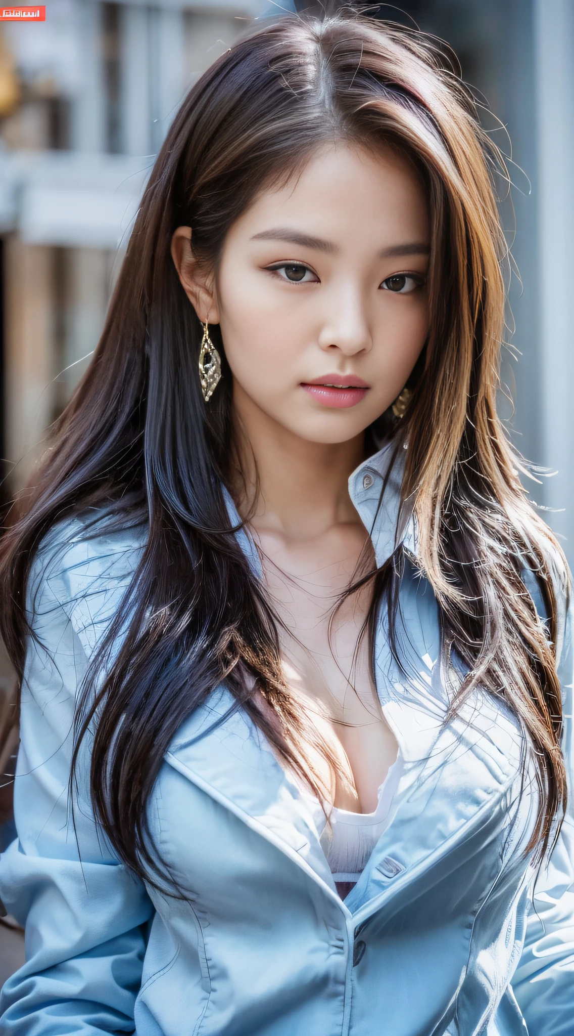 ((Best Quality, 8K, Masterpiece: 1.3)), Sharp: 1.2, Perfect Body Beauty: 1.4, Slim Abs: 1.2, ((Layered Hairstyle, Big Breasts: 1.2)), (Wet White Button Long Shirt: 1.1), (Rain, Street: 1.2), Wet: 1.5, Highly detailed face and skin texture, detailed eyes, double eyelids, side face looking at the camera
