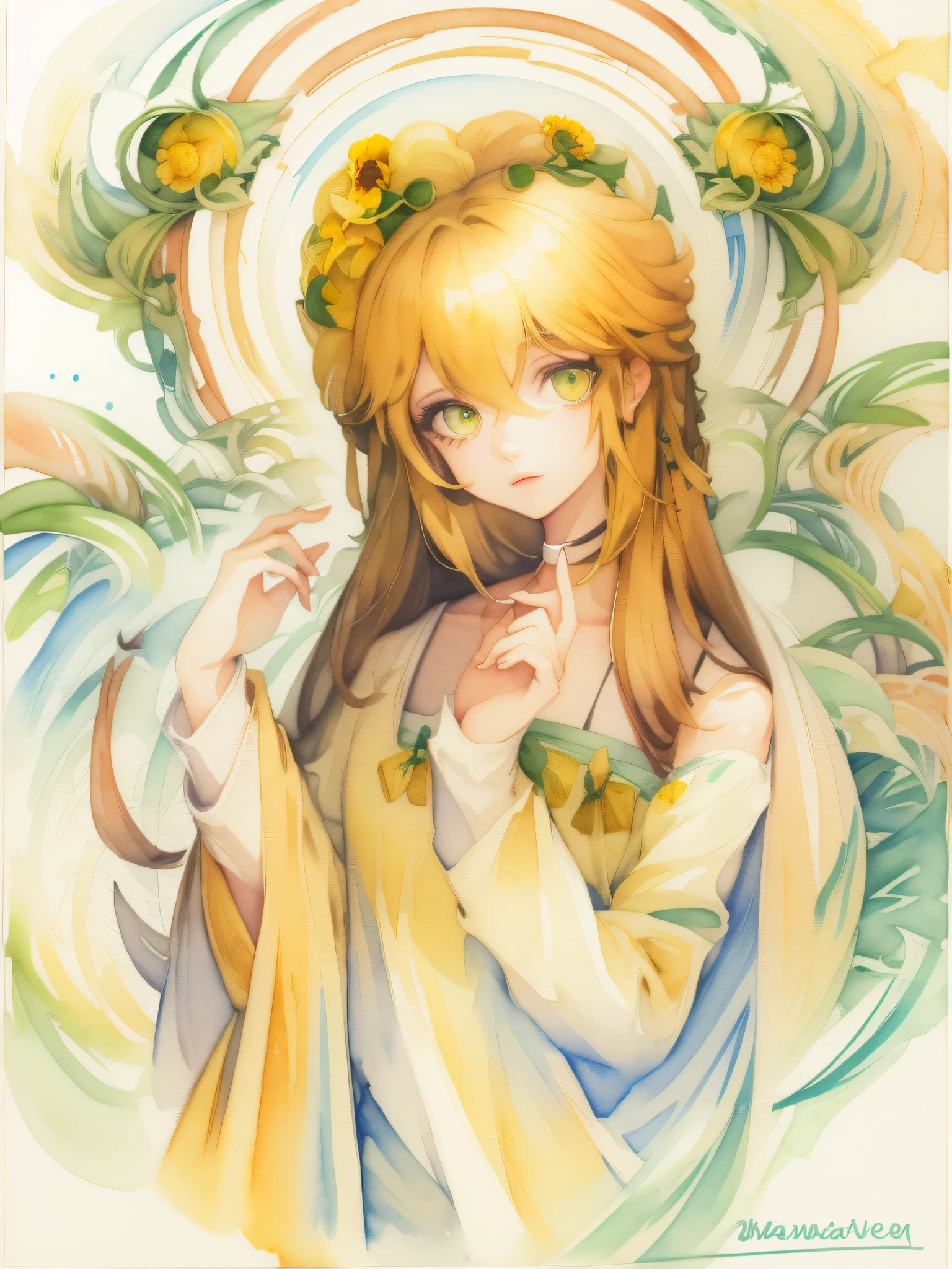 (watercolor:1.2), 1girl, solo, flower, sunflower, portrait, leaf, bangs, signature, yellow flower, brown hair, long hair, green eyes, hair between eyes, flower earrings