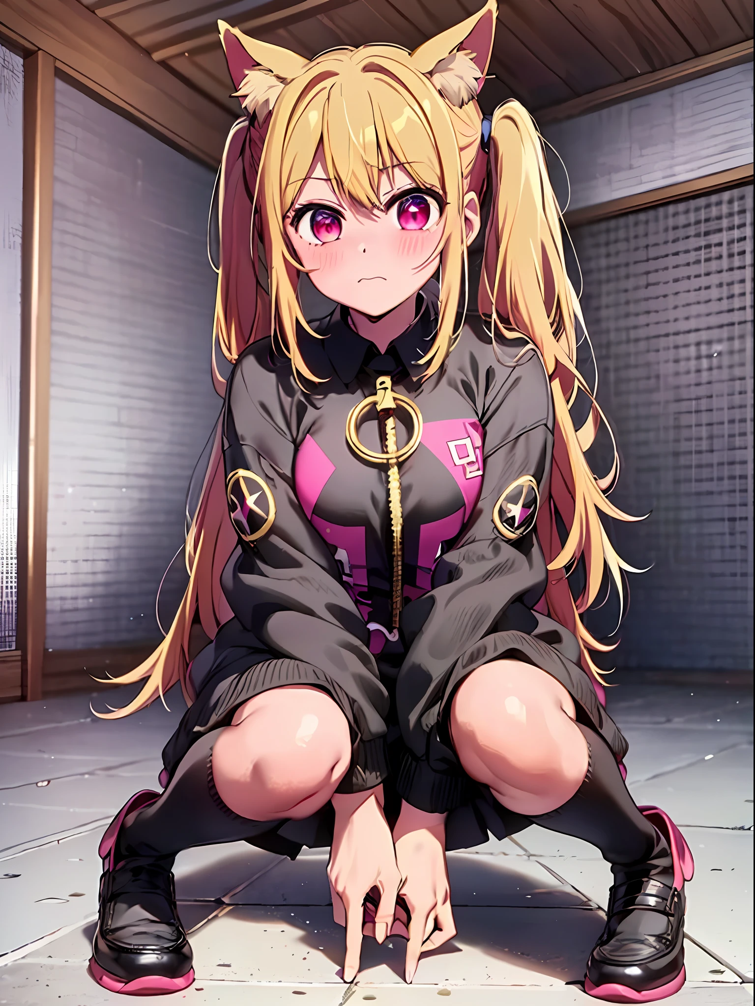 Ruby Hoshino, 1 girl, Solo, Ruby Hoshino, Symbol-shaped pupil, (Left star-shaped pupil: 1.5), (Black eye, Left star: 1.5), Long hair, Blonde hair, Bangs, Blush, Side ponytail, Cat ears, Cat tail, Full body, Full body, Two socks, Gao pose,