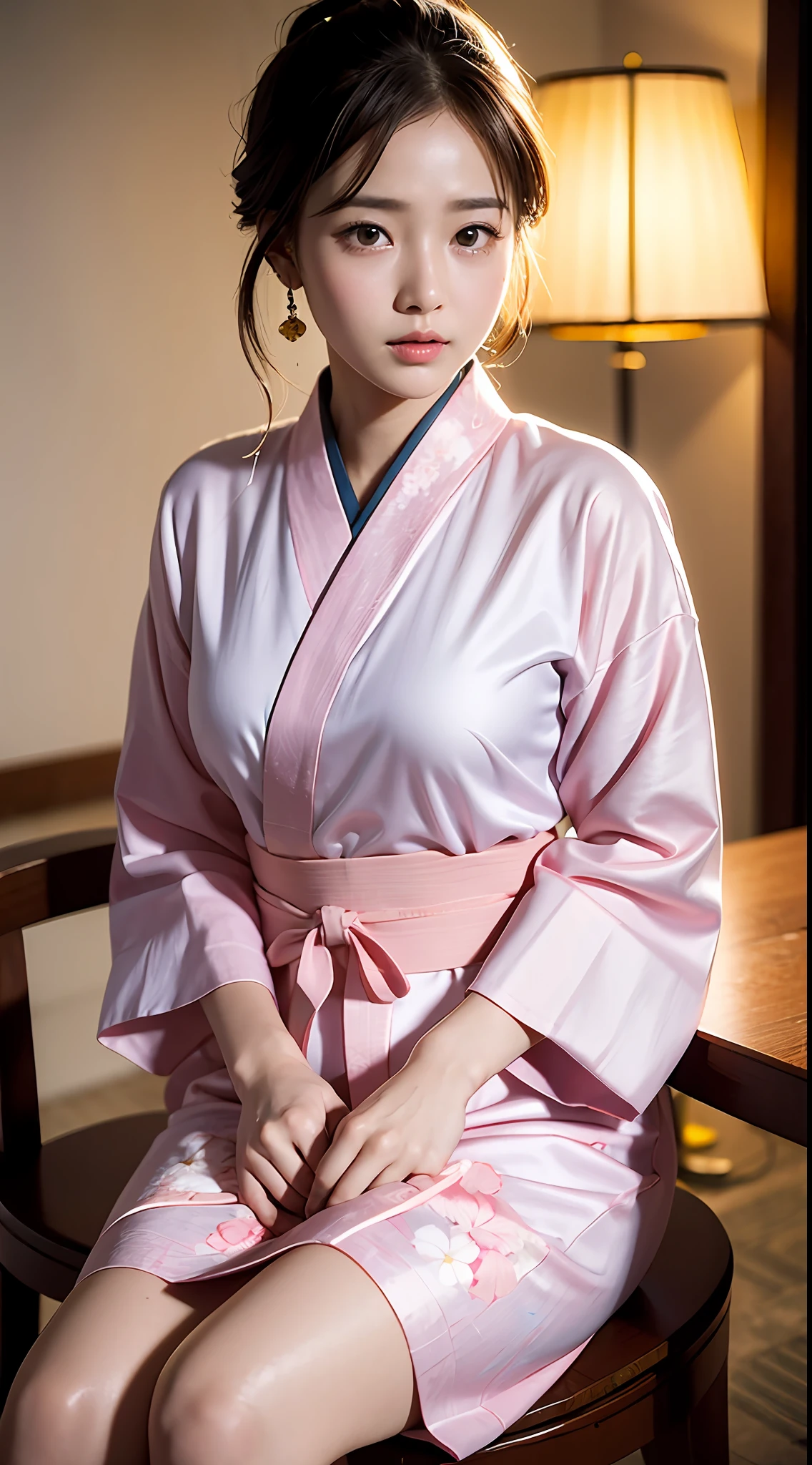 (yinchuan:1.5), close-up, masterpiece, best quality, raw photo, photorealistic, big breasts, beautiful face, soft smile, 20 year old girl, light pink yukata, floral yukata, sitting on a chair, pretty legs visible, night, depth of field, high resolution, ultra detail, fine detail, highly detailed, very detailed eyes and face, sharp pupils, realistic pupils,
