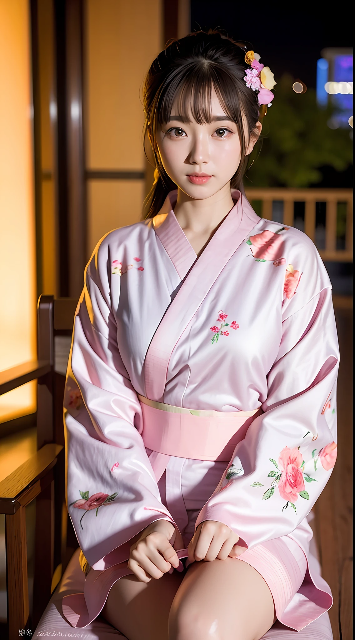 (yinchuan:1.5), close-up, masterpiece, best quality, raw photo, photorealistic, big breasts, beautiful face, soft smile, 20 year old girl, light pink yukata, floral yukata, sitting on a chair, pretty legs visible, night, depth of field, high resolution, ultra detail, fine detail, highly detailed, very detailed eyes and face, sharp pupils, realistic pupils,