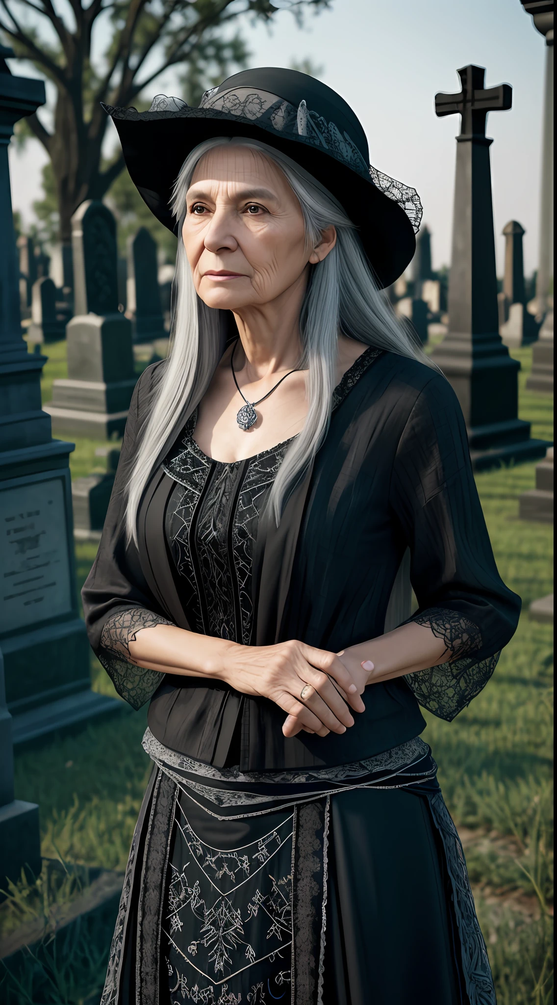 Realistic photo, ultra details, natural light Ultra detailed portrait ((1)) Elderly woman sorceress, 60 years old, thin, long gray hair, black hat sorceress, with shredded black blouse, long patchwork color skirt, dark background, in the cemetery, photo taken full body. The illustration is in high definition in 8K resolution, with ultra detailed facial features