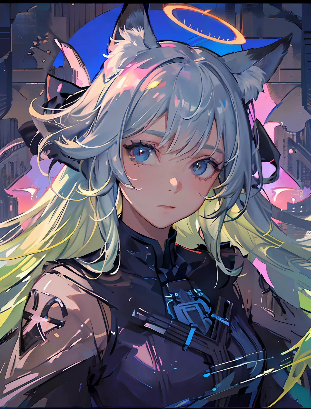 (Highest picture quality), (focus eyes details:1.3) ,(city background),(whole body shot), (Master's work),(ultra-detailed),(Detailed eye description:1.0),(lens flare:1.0),(movie poster:1.0),(Tarot border:1.0),the portrait is centered,(close-up:1.0),(nagative space:0.8),(negative space:1.6),(solo),(floating colorful water magic:1.0),(many colorful vines:1.0),(floating pink blades:1.0),(water wings:1.0), (dappled sunlight,light rays,caustics:1.2), (colorful:1.0),(beautiful detailed glow:1.0),(leaning back:1.2),(grim expression:1.0),(small:1.0),(closed mouth:1.0),(eyeshadow),,(lime hair:1.4),(long hair:1.0),(facing viewer:1.3),(halo:1.3),(head tilt:1.0),(dynamic pose:1.1),(asymmetrical hair:1.2),(blue armor:1.0),(military),(layered skirt),(black eyes:1.4),blunt bangs,high twintails,,long coat,(floating cape:1.0),(fox ears, fox girl:1.1),(castle:1.4),(outdoors,outside:1.1),hair bow,,(flying:1.1),(dark skin:1.1),(upper body:1.25),, symbol-shaped pupils, heart-shaped pupils