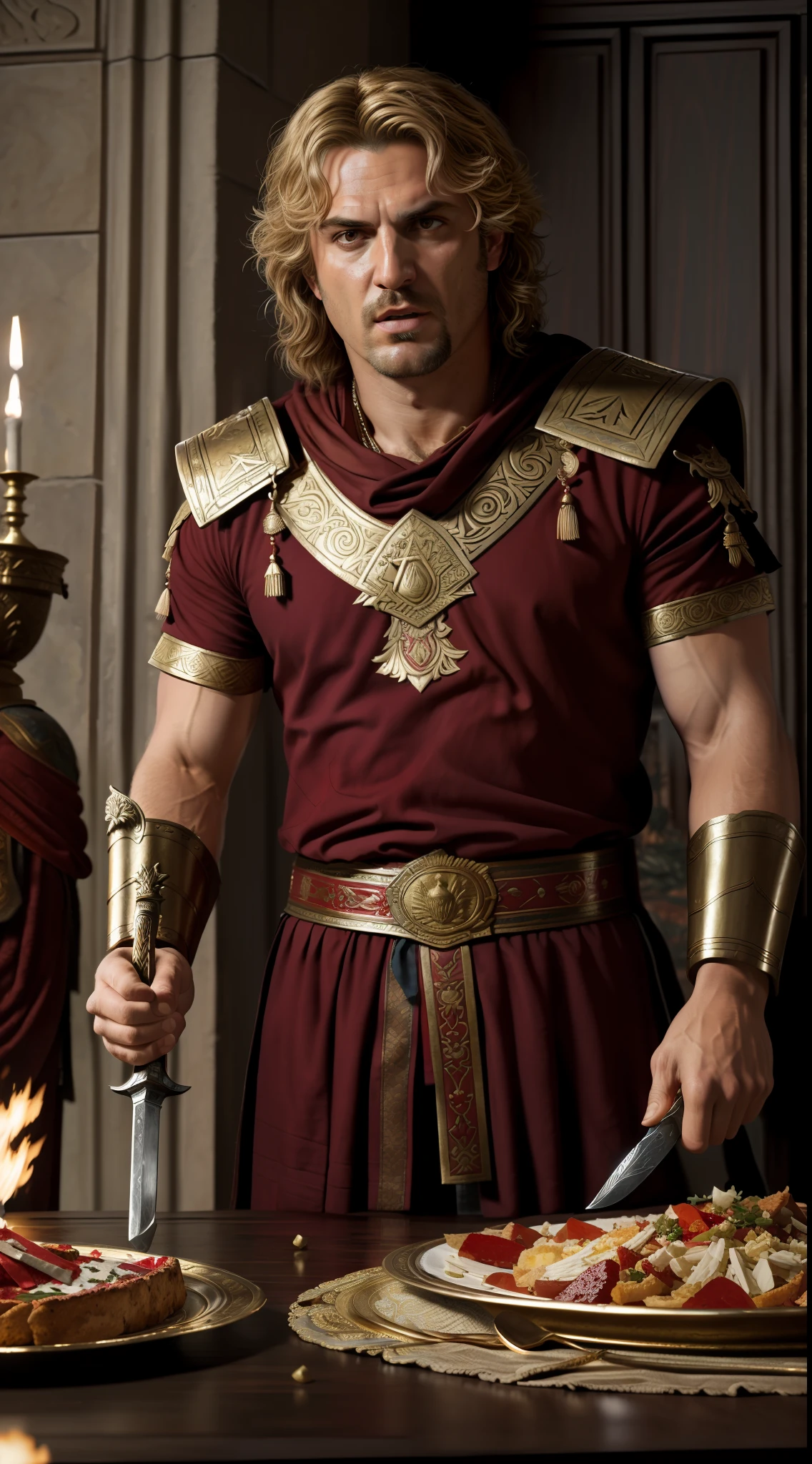 (masterpiece, UHD, illustration, detailed:1.3), Alexander the Great, (drunk:1.2), dressed in ancient Roman attire, escalating aggression, (menacing demeanor:1.1), wielding a sword, intimidating guests, grand feast, spilled wine, fear and confusion, Greg Rutkowski style.