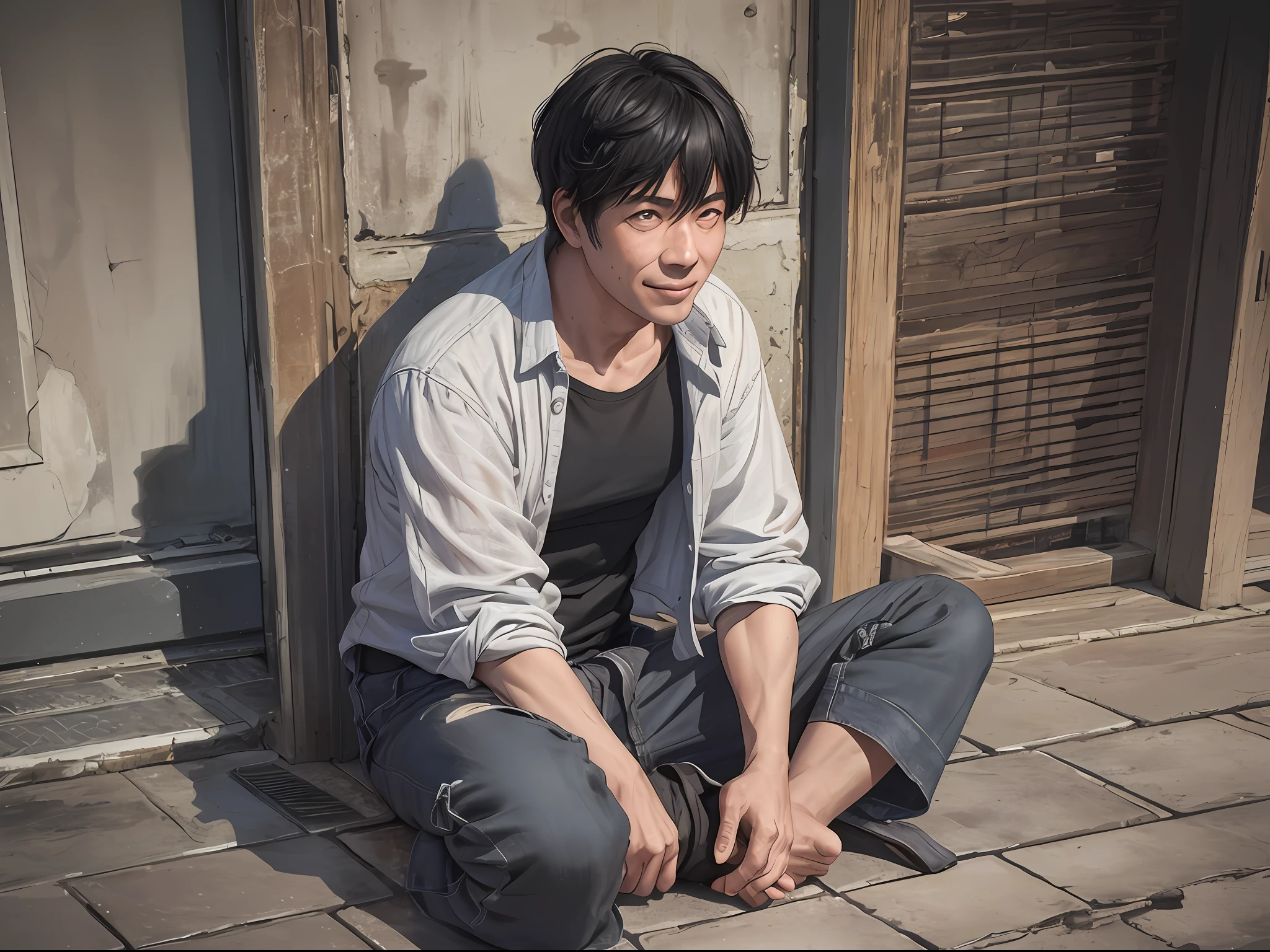 1 silly man, middle-aged man, solo, sloppy, full-body, tortured, painful, thin, cloth ((ultra-realistic details)), Chinese Republic of China style, global illumination, short black hair, shabby clothes, sloppy, 8k, silly smile, a pair of bright eyes, sitting on the ground,
