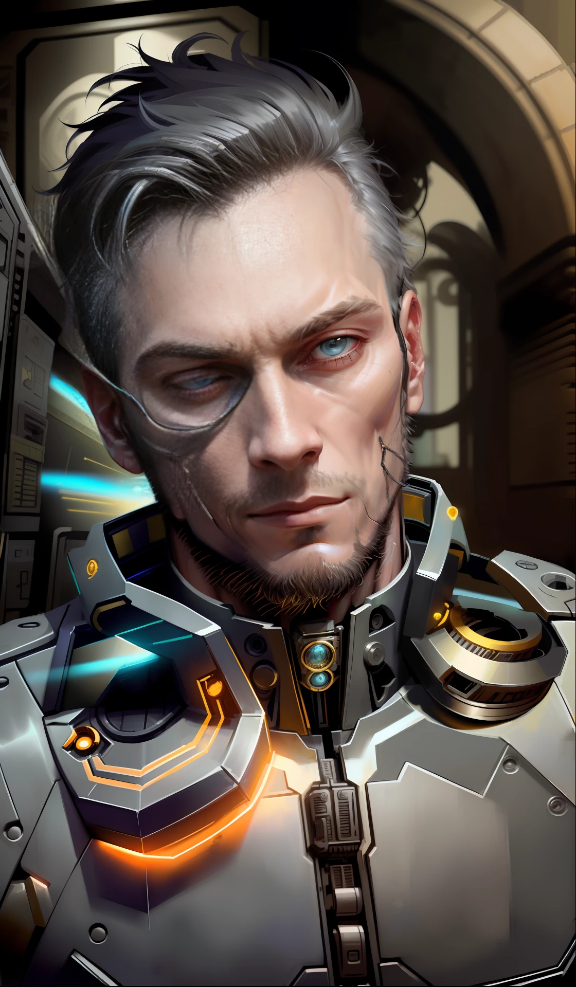 A cybernetic man in the range of 27 years old, muscular stereotype, with cowboy hat (mechanical parts: 1.5), fighting, bright eyes, short hair, tight supersuit torn, in a destroyed city, smoke and fire, aura of brilliant power, dynamic pose, dynamic vision, hyper detailed, 8k quality, with tattoo on the arm, mechanical roman watch on the chest, merge images, hyper realism. Enjoy original photo base, mechanical and human bust. With gray goatee and gray hair.