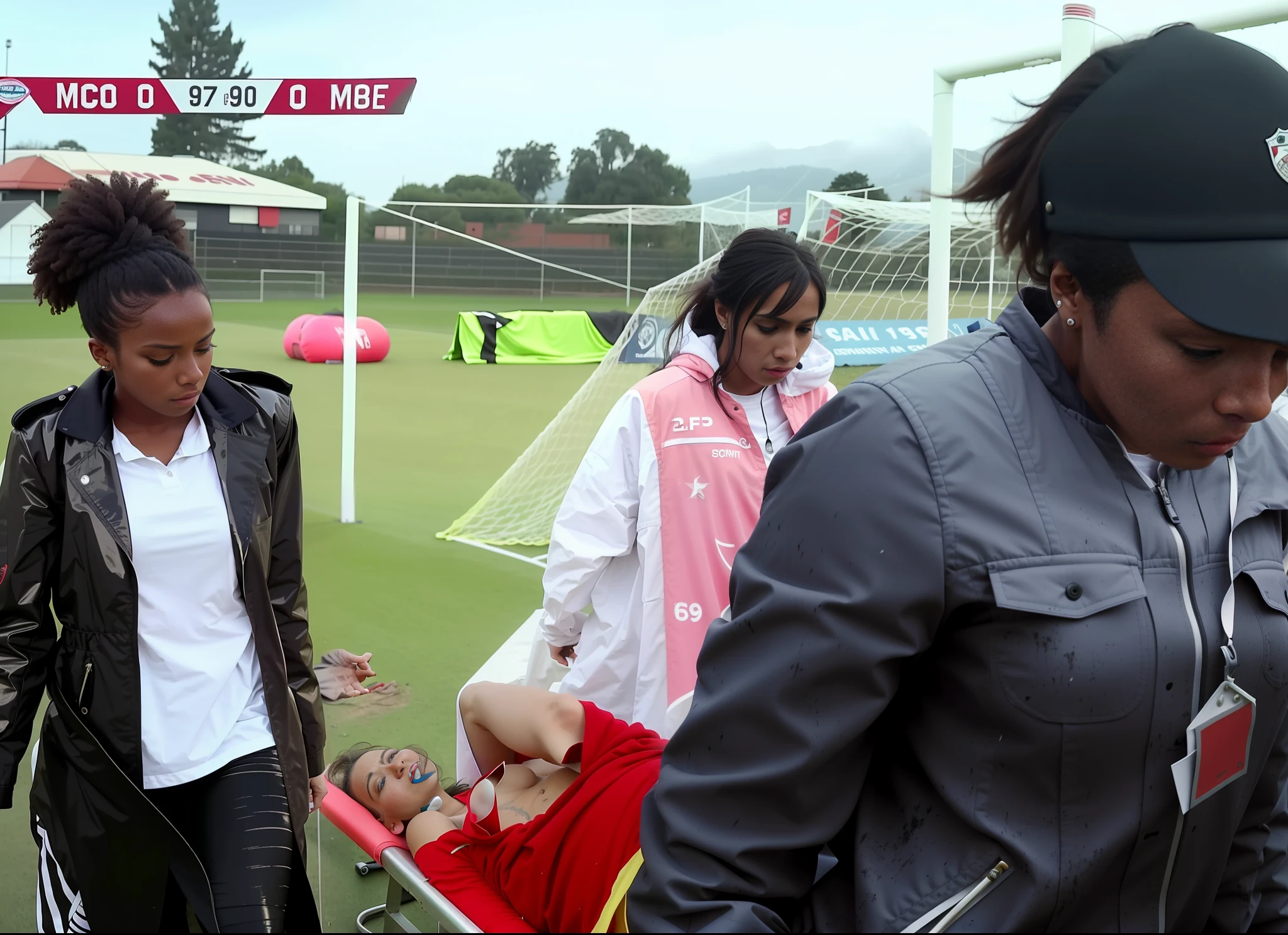several women walking around a soccer field with an injured athlete on a stretcher, behind her is a scary atmosphere, video still, behind the scenes, malika favre, screen capture, footage, 4 0 9 6, cover shot, aesthetic shot, dramatic mood, intense scene, making of, mongezi ncaphayi, thriller atmosphere, shooting, edited