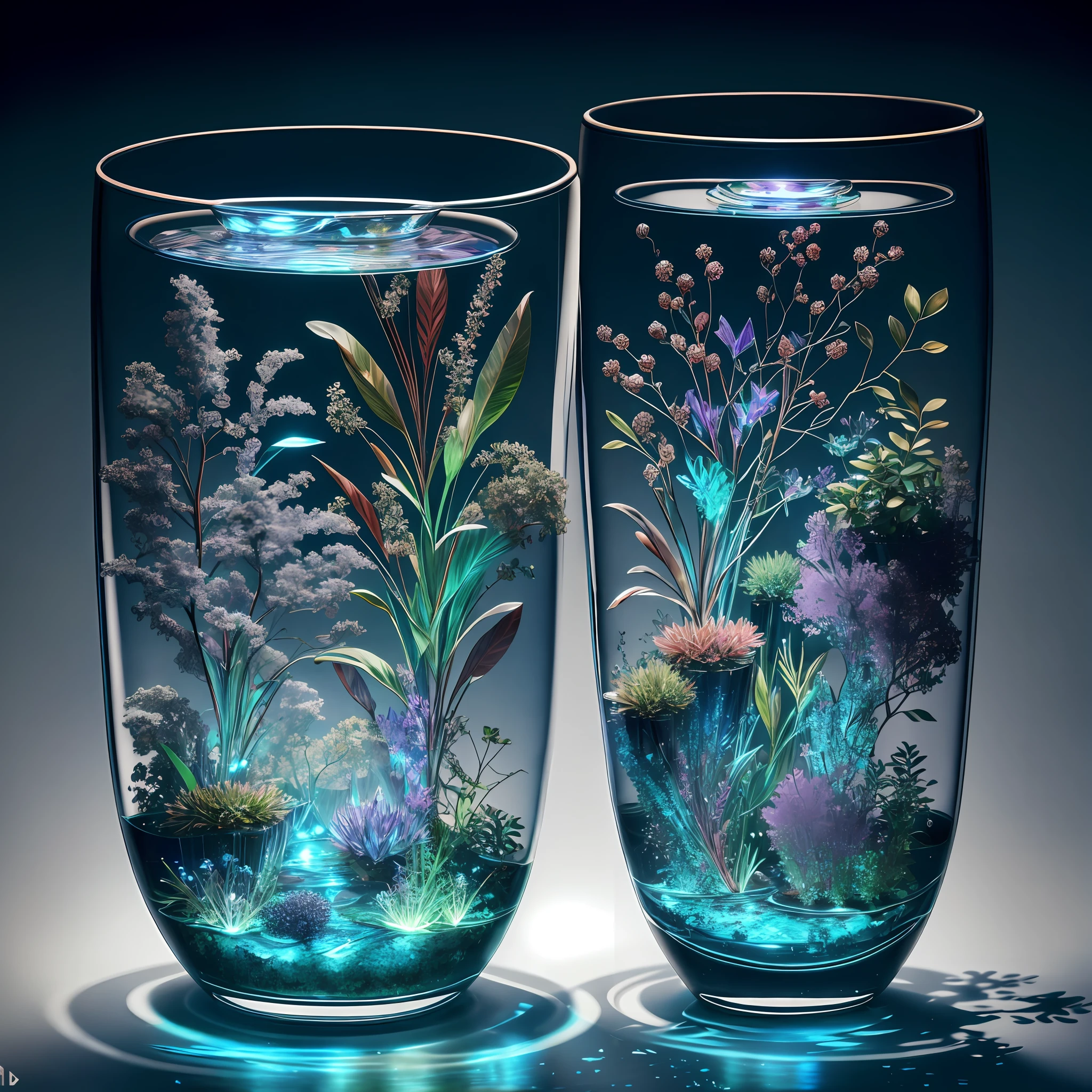 masterpiece of glass sculpture with plants inside, water, glowing, crystals, high quality, high detail, best quality, rtx, 4k, 8k,