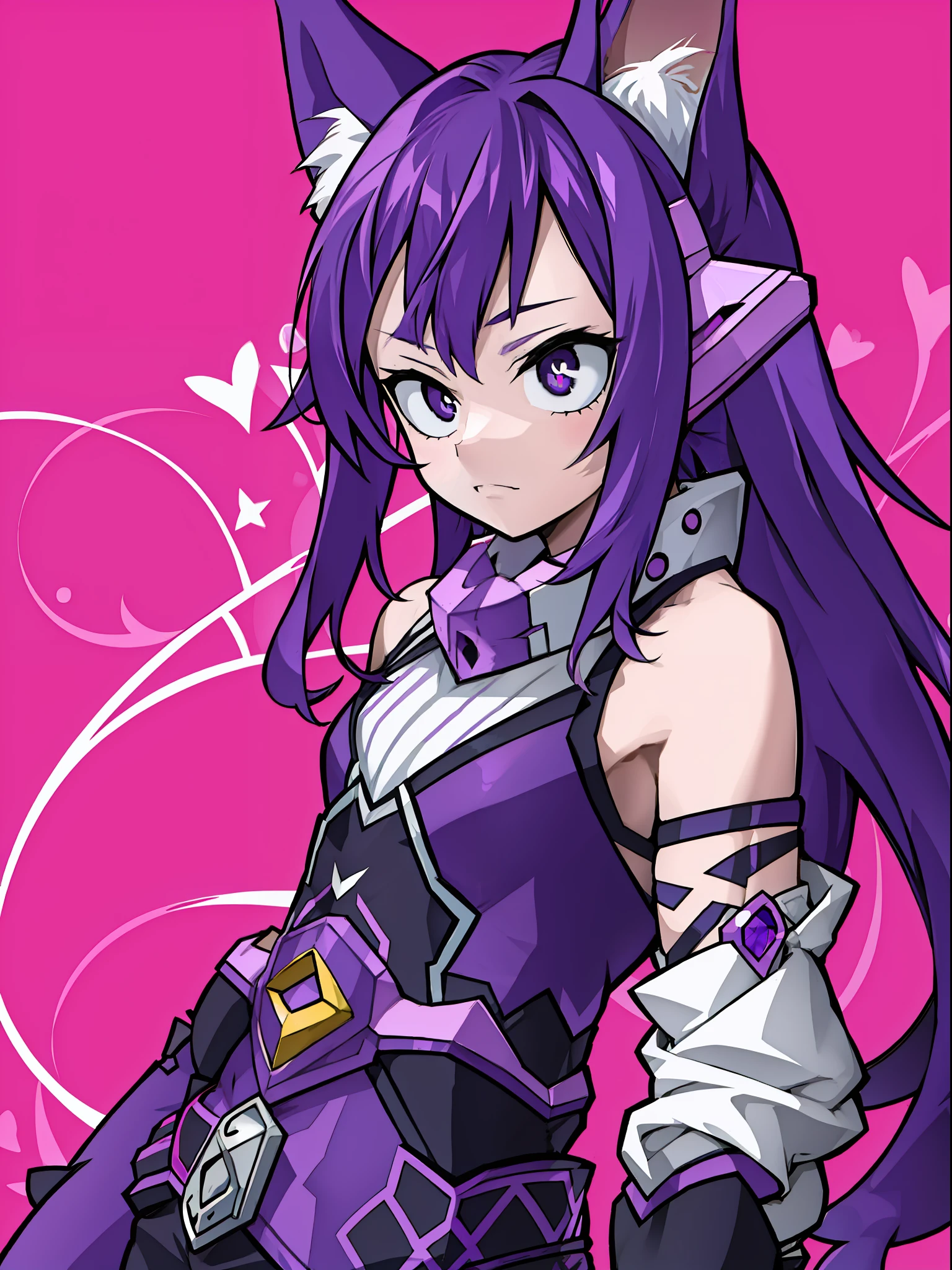 A Little Girl, Shoulders Long Hair, Purple Hair, Small Purple Cat Ears, A Purple Cat Tail, Assassin Clothing, Amine Style