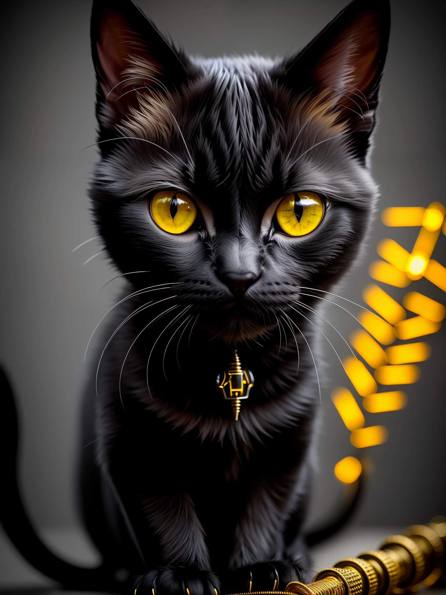 A beautiful black kitten with yellow eyes made of metal, (cyborg:1.1), ([tail | detailed wire]:1.3), (intricate details), HDR, (intricate details, hyperdetailed:1.2), cinematic shot, vignette, centered