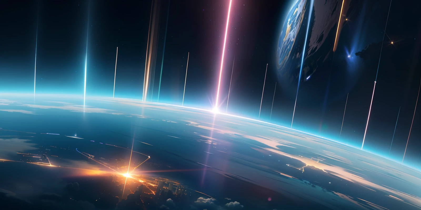 from space looking at earth a small beam of light comes from every city meeting in the sky to form 1 massive beam of light, masterpiece, best quality,((masterpiece)),(best quality), (illustration:1.4),((extremely detailed CG unity 4k wallpaper)),(cinematic lighting)